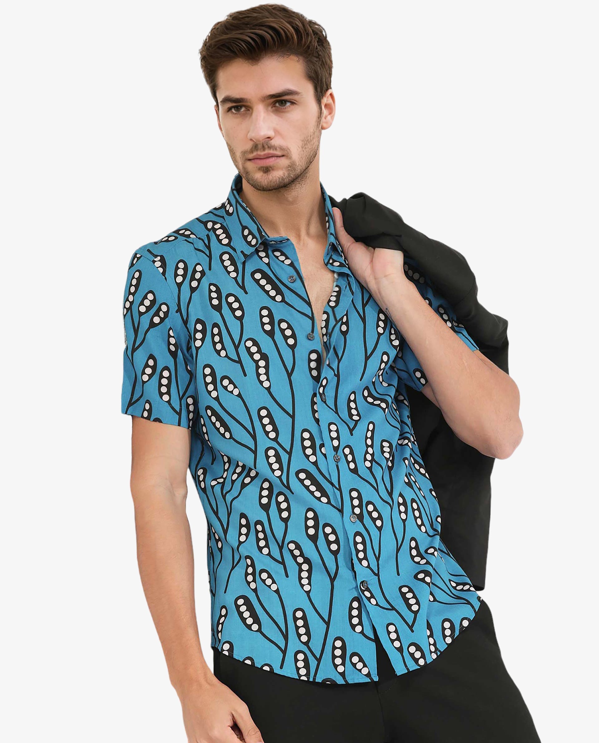 Rare Rabbit Men's Baton Blue Viscose Fabric Tropical Print Half Sleeves Shirt