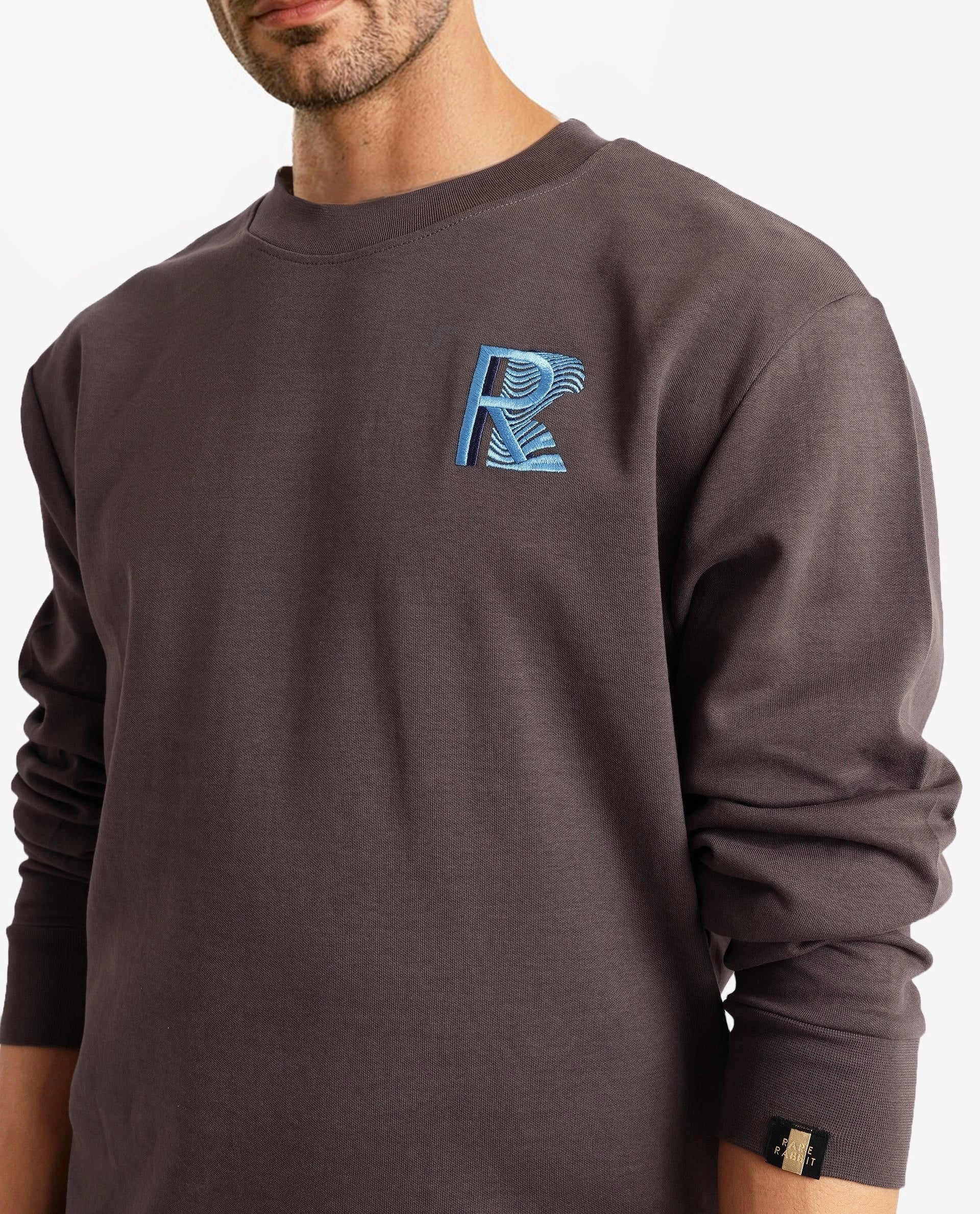 Rare Rabbit Men Bay Dark Grey Cotton Full Sleeve Crew Neck Embroidered Logo Sweatshirt