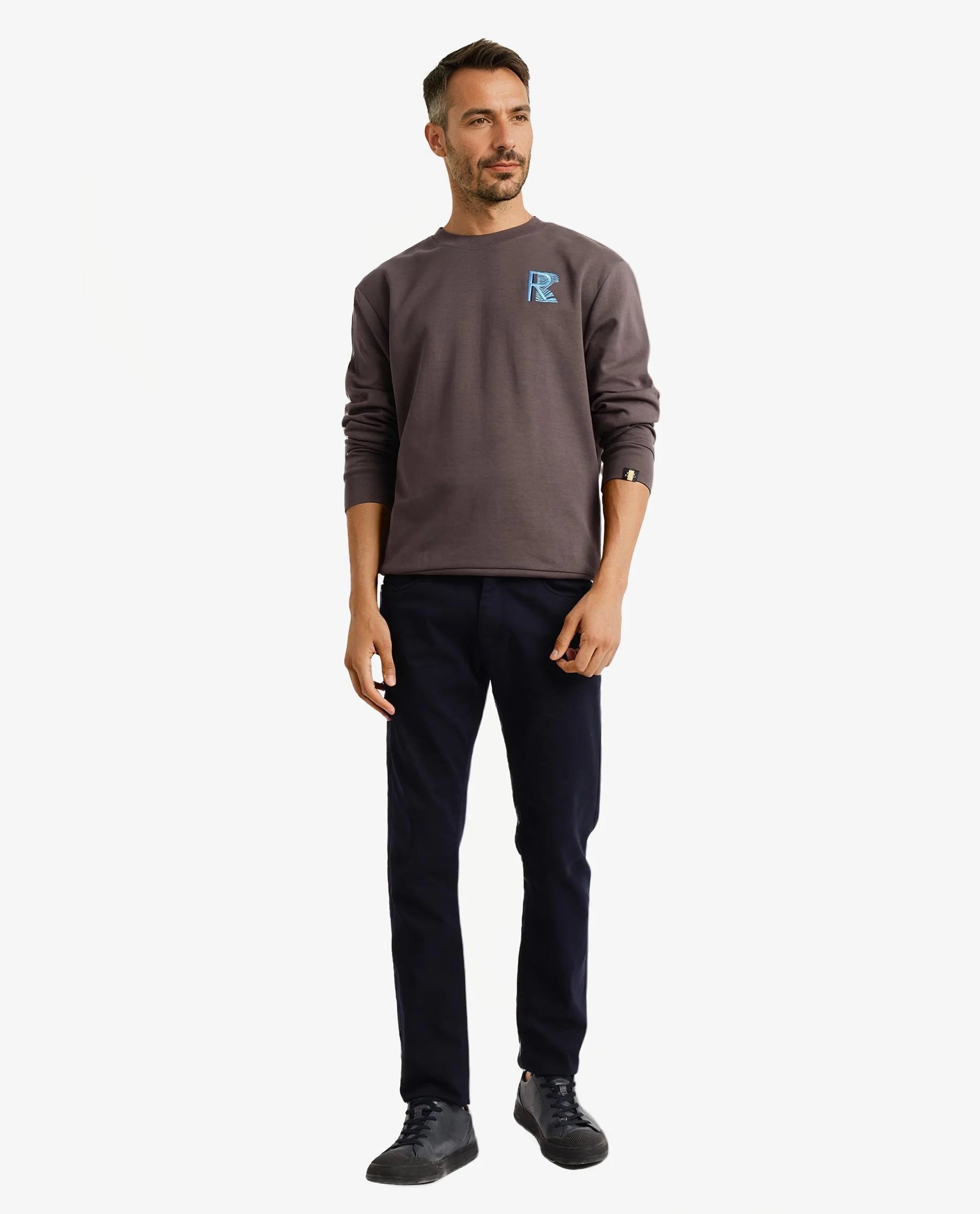 Rare Rabbit Men Bay Dark Grey Cotton Full Sleeve Crew Neck Embroidered Logo Sweatshirt