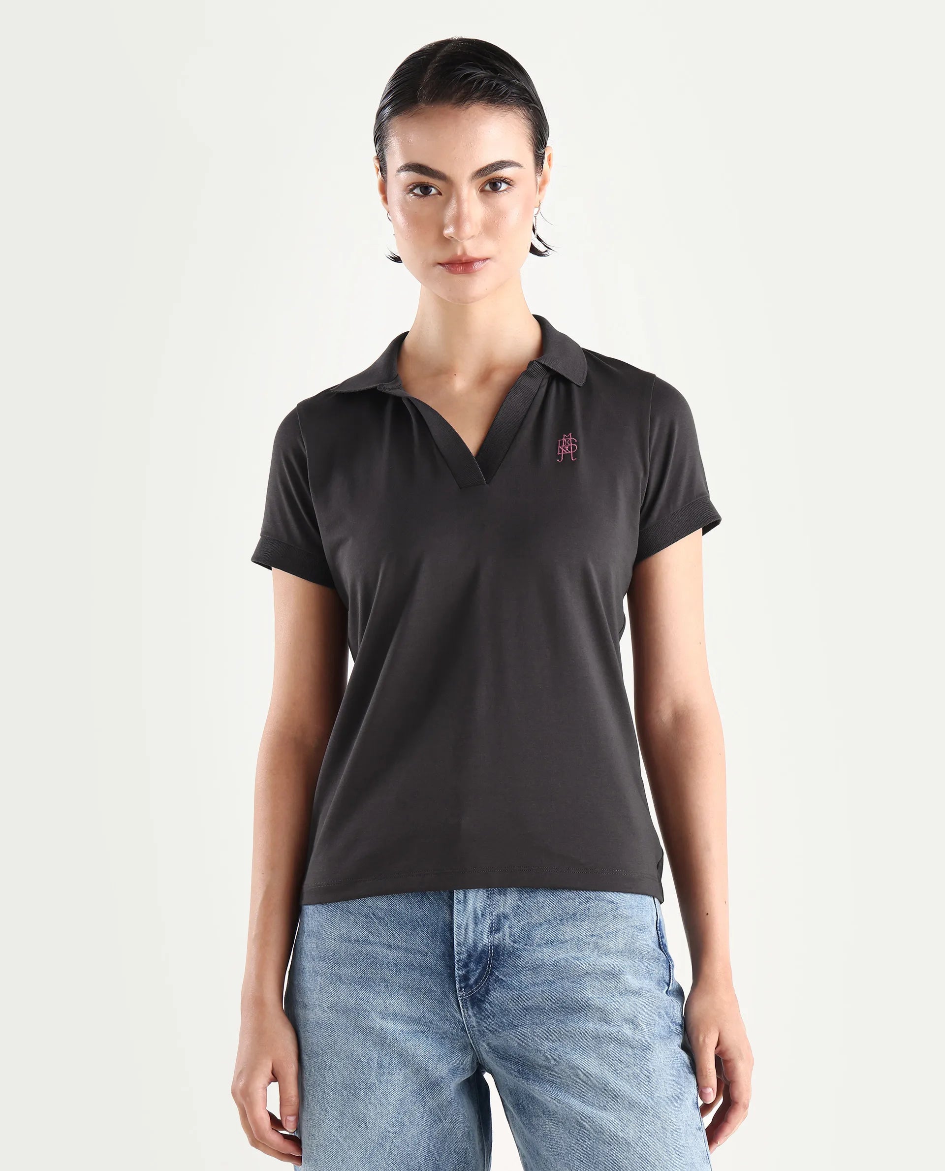 Rareism Women's Bern Dark Grey Cotton Blend Polo Neck Plain Regular Fit Polo