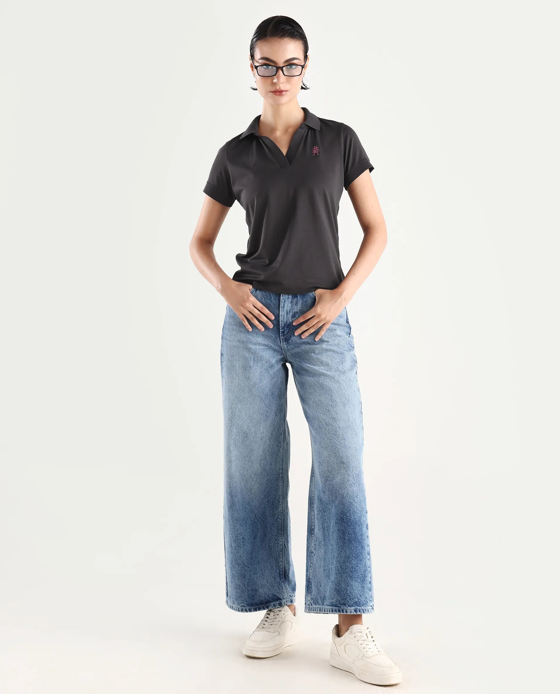 Rareism Women's Bern Dark Grey Cotton Blend Polo Neck Plain Regular Fit Polo