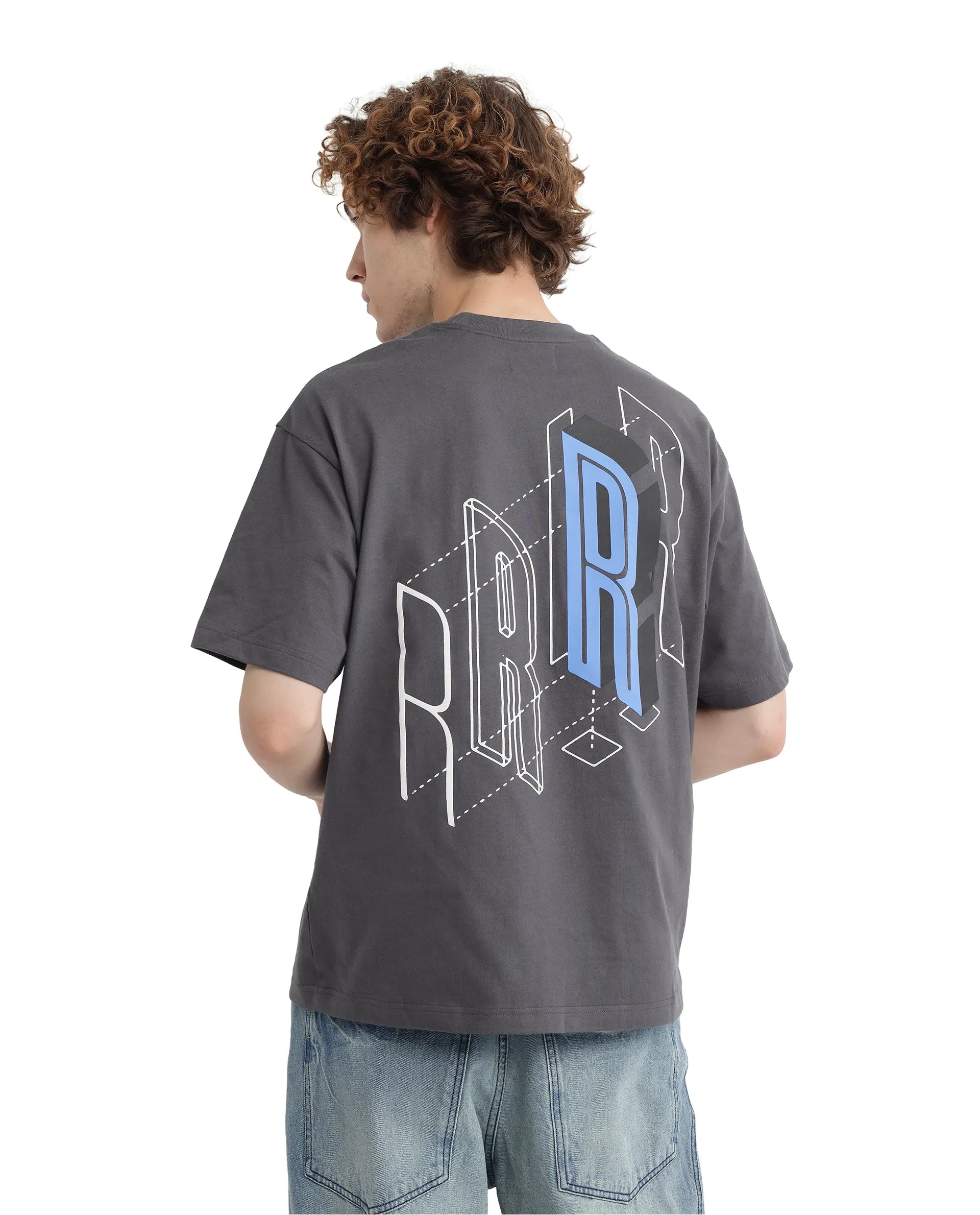 Rare Rabbit Men Belet Dark Grey Cotton Fabric Short Sleeve Crew Neck Oversized Fit HD Backprint with Label Details T-Shirt