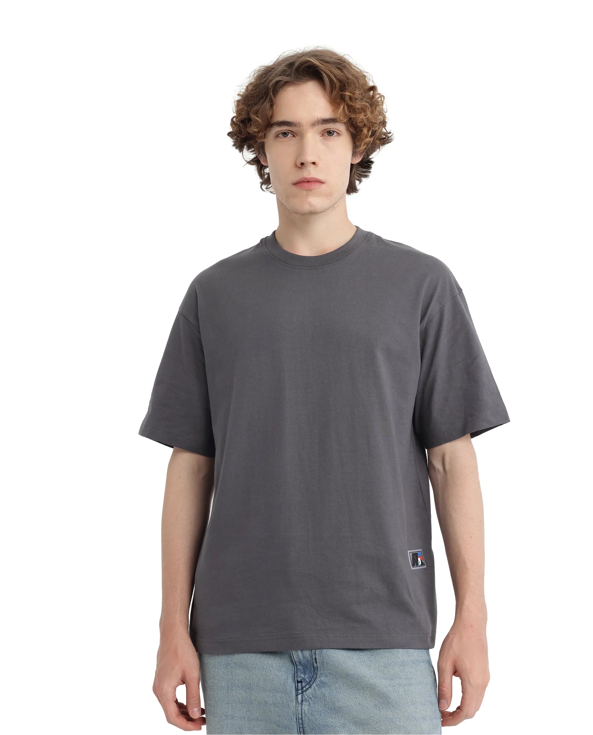 Rare Rabbit Men Belet Dark Grey Cotton Fabric Short Sleeve Crew Neck Oversized Fit HD Backprint with Label Details T-Shirt