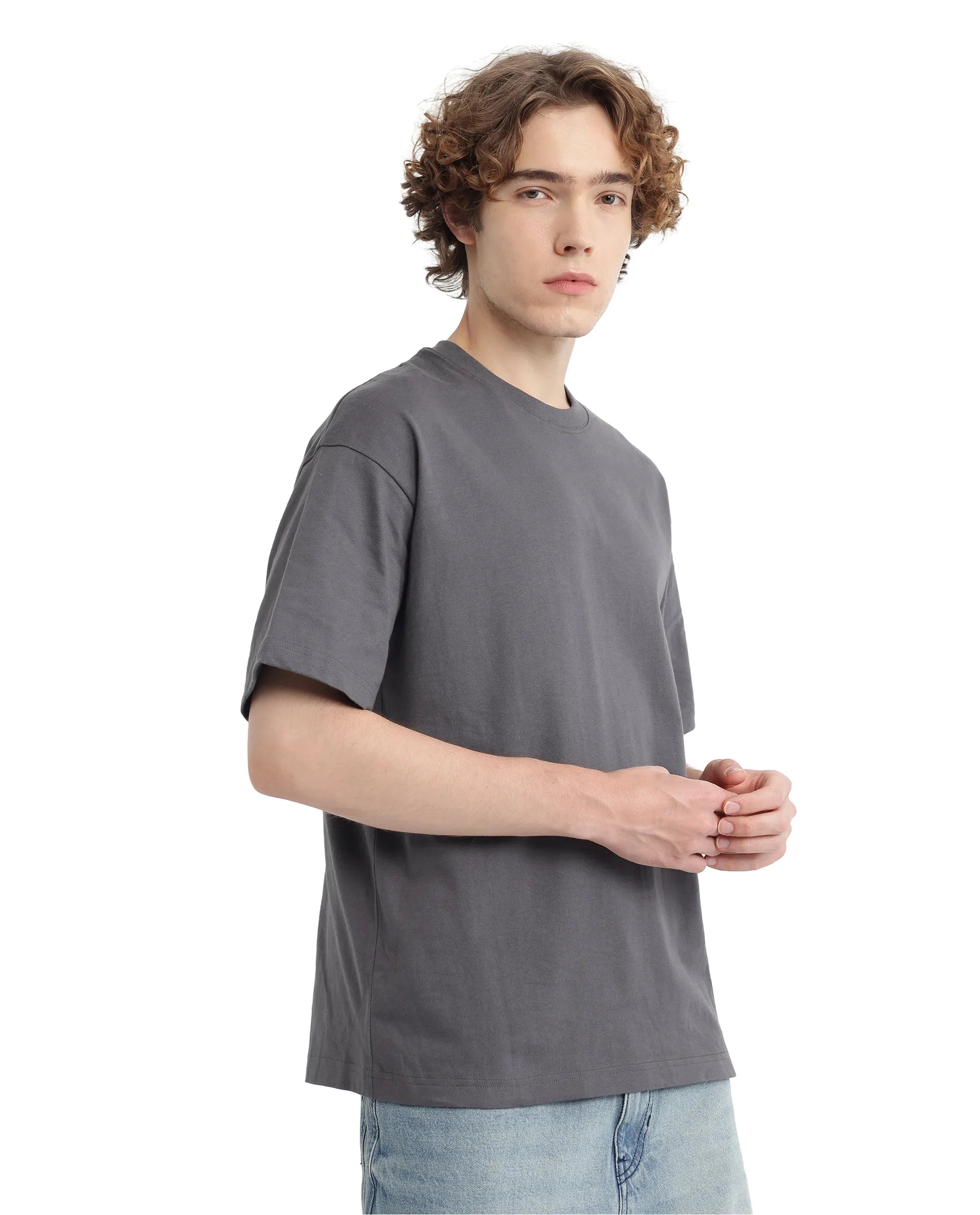 Rare Rabbit Men Belet Dark Grey Cotton Fabric Short Sleeve Crew Neck Oversized Fit HD Backprint with Label Details T-Shirt