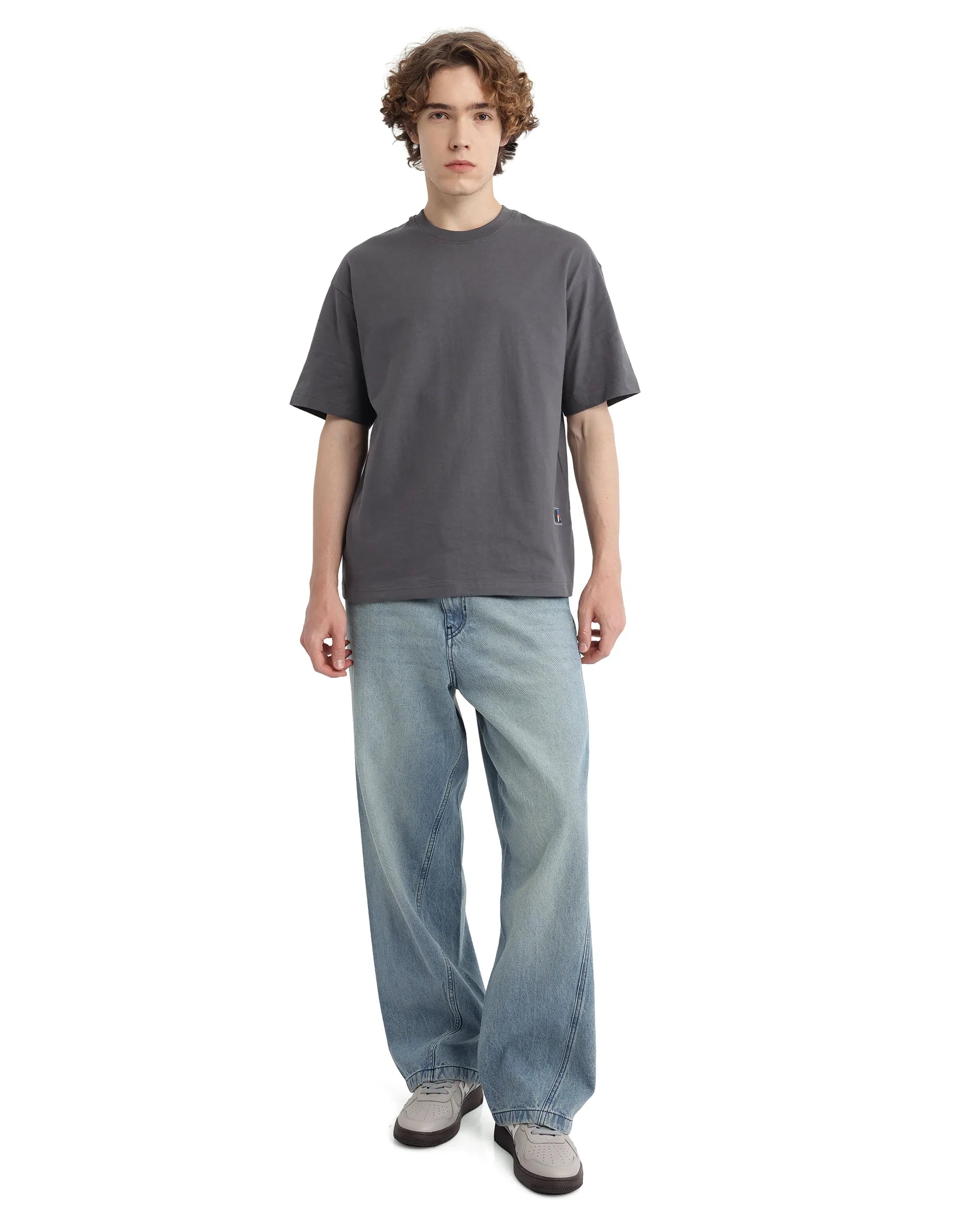 Rare Rabbit Men Belet Dark Grey Cotton Fabric Short Sleeve Crew Neck Oversized Fit HD Backprint with Label Details T-Shirt