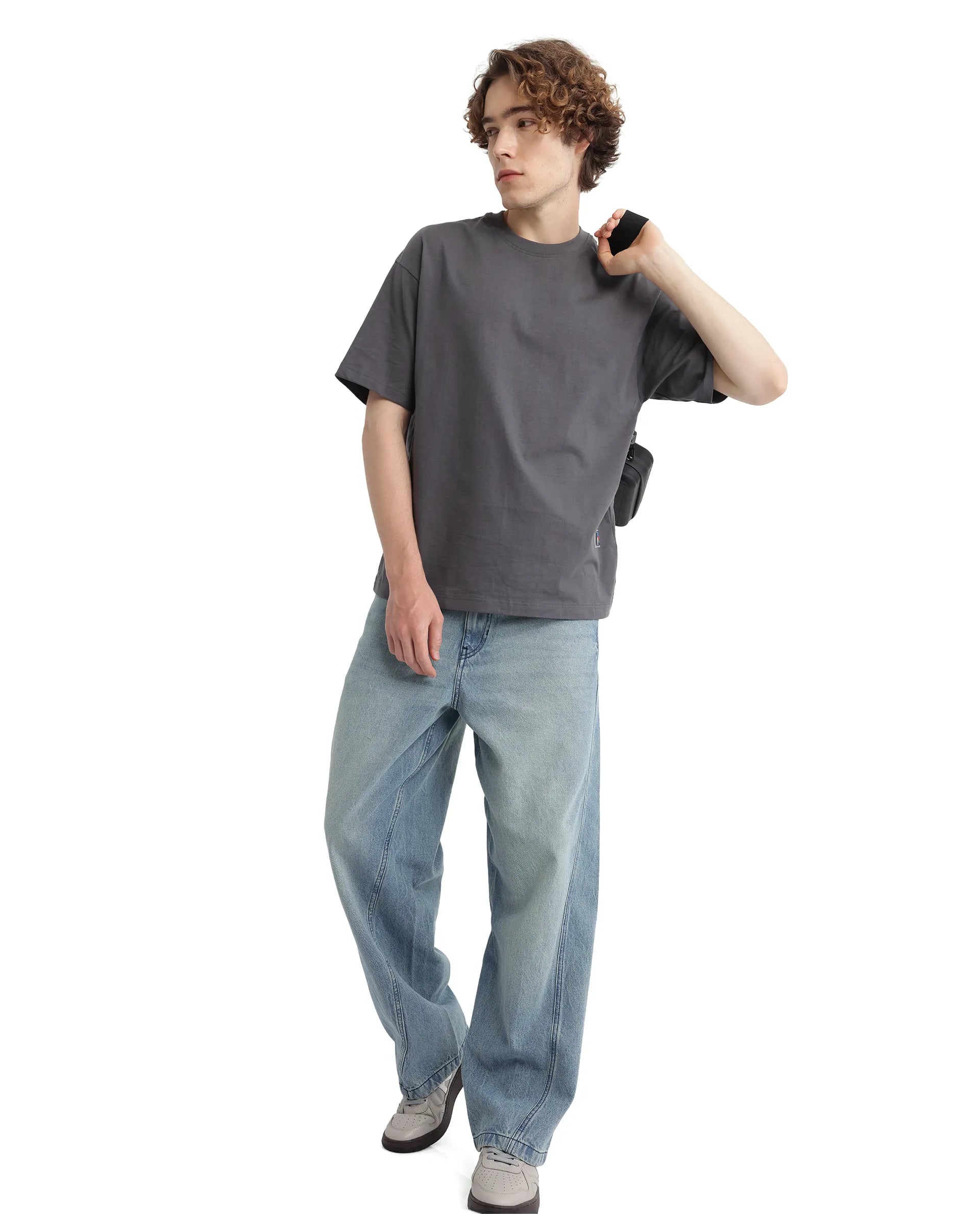 Rare Rabbit Men Belet Dark Grey Cotton Fabric Short Sleeve Crew Neck Oversized Fit HD Backprint with Label Details T-Shirt