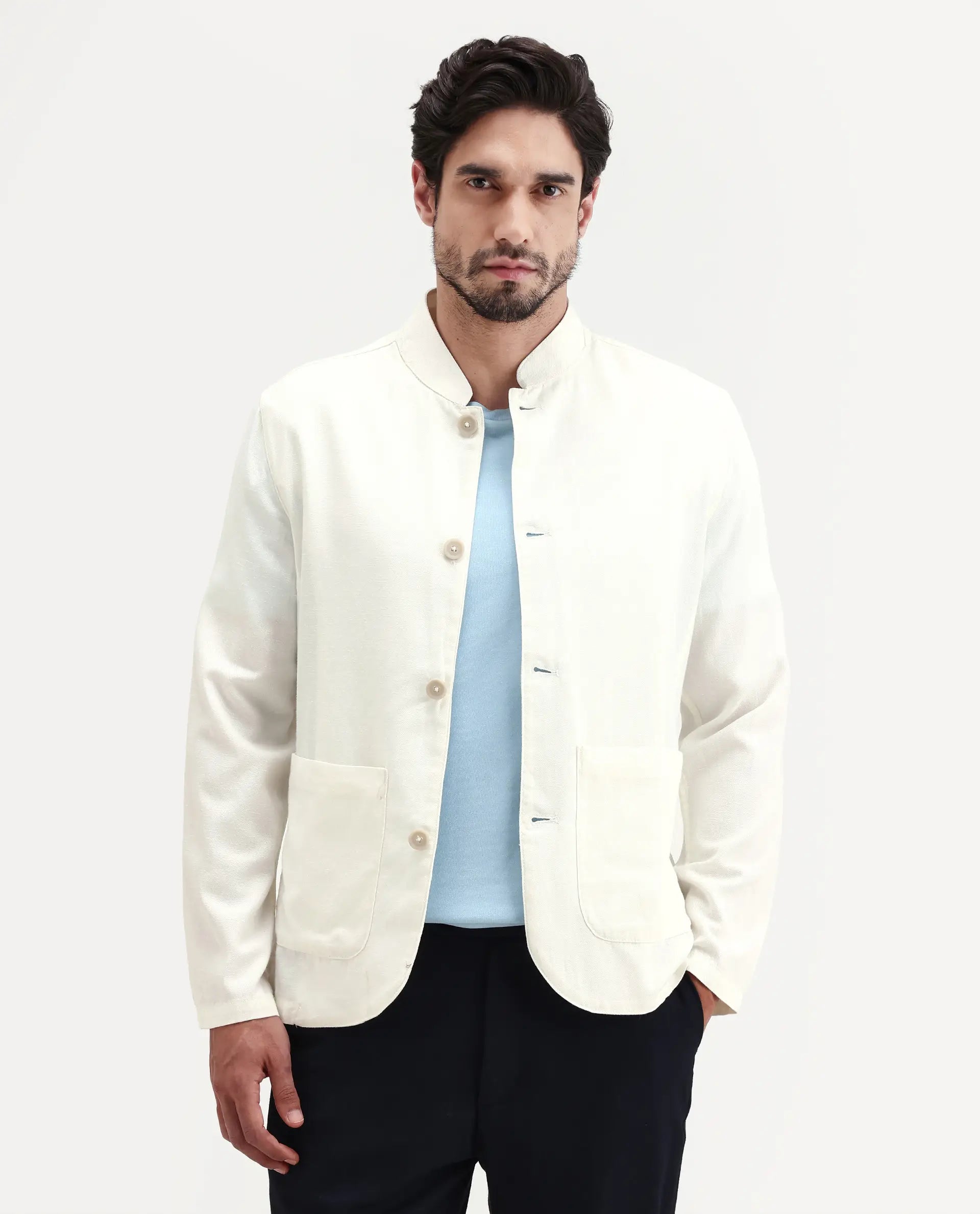 Rare Rabbit Men's Bela Off White Linen Blend Fabric Mandarin Collar Neck Tailored Fit Coat