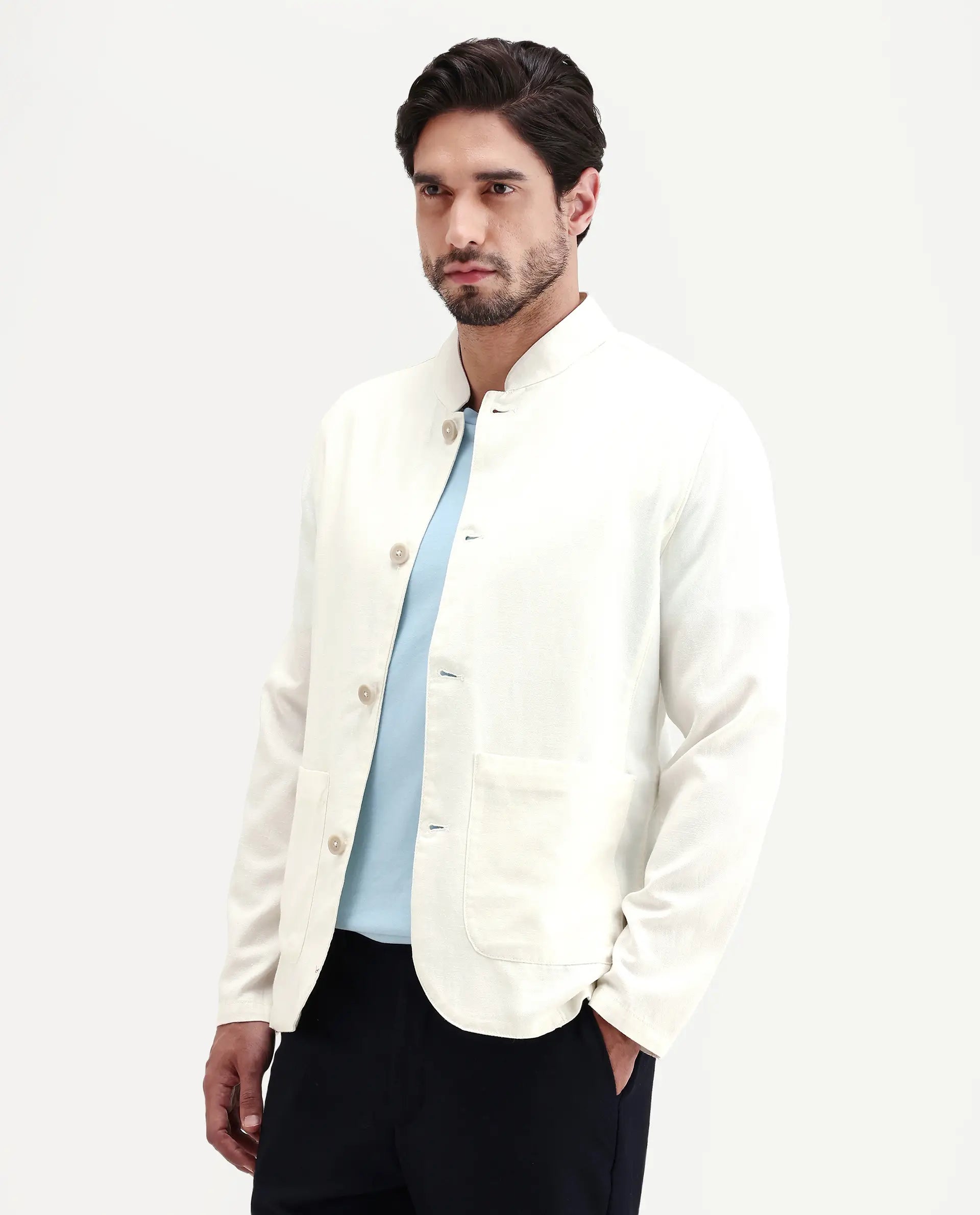 Rare Rabbit Men's Bela Off White Linen Blend Fabric Mandarin Collar Neck Tailored Fit Coat