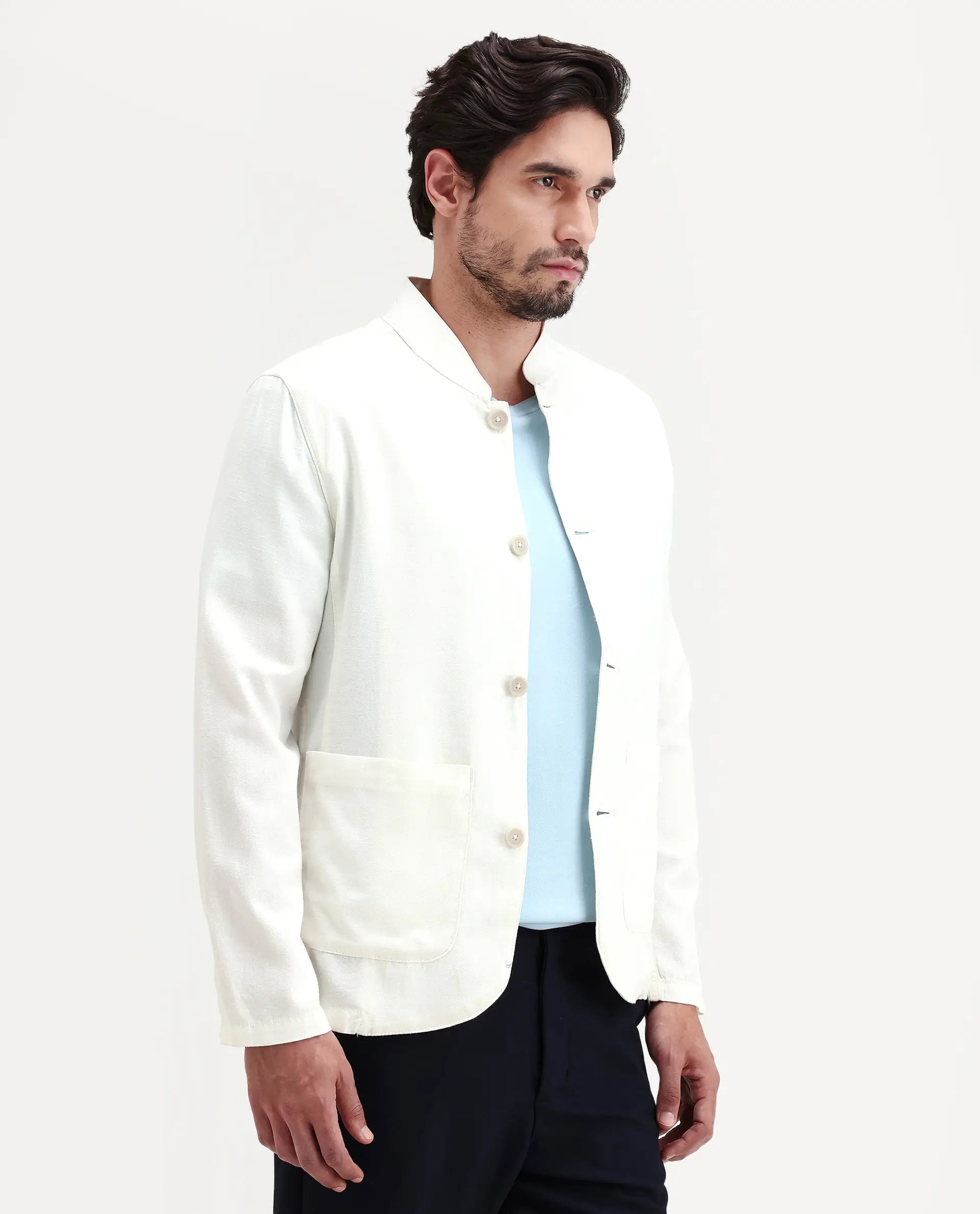 Rare Rabbit Men's Bela Off White Linen Blend Fabric Mandarin Collar Neck Tailored Fit Coat