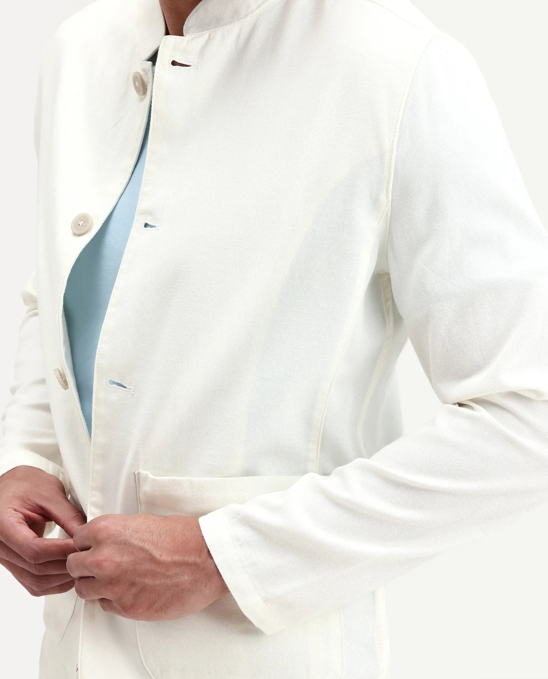 Rare Rabbit Men's Bela Off White Linen Blend Fabric Mandarin Collar Neck Tailored Fit Coat