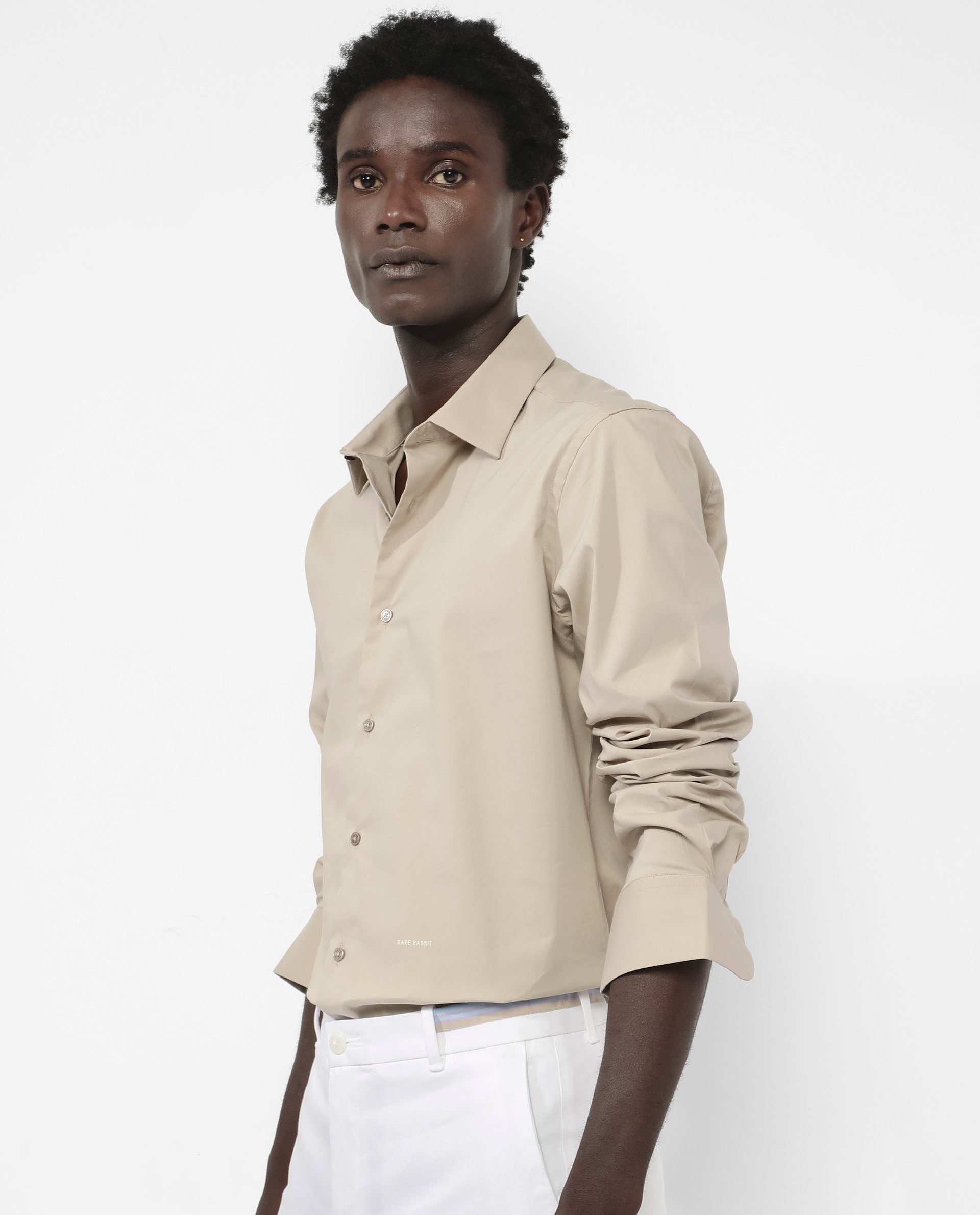 Rare Rabbit Men's Benedict Beige Cotton Poly Elastane Blend Fabric Full Sleeve Solid Formal Shirt