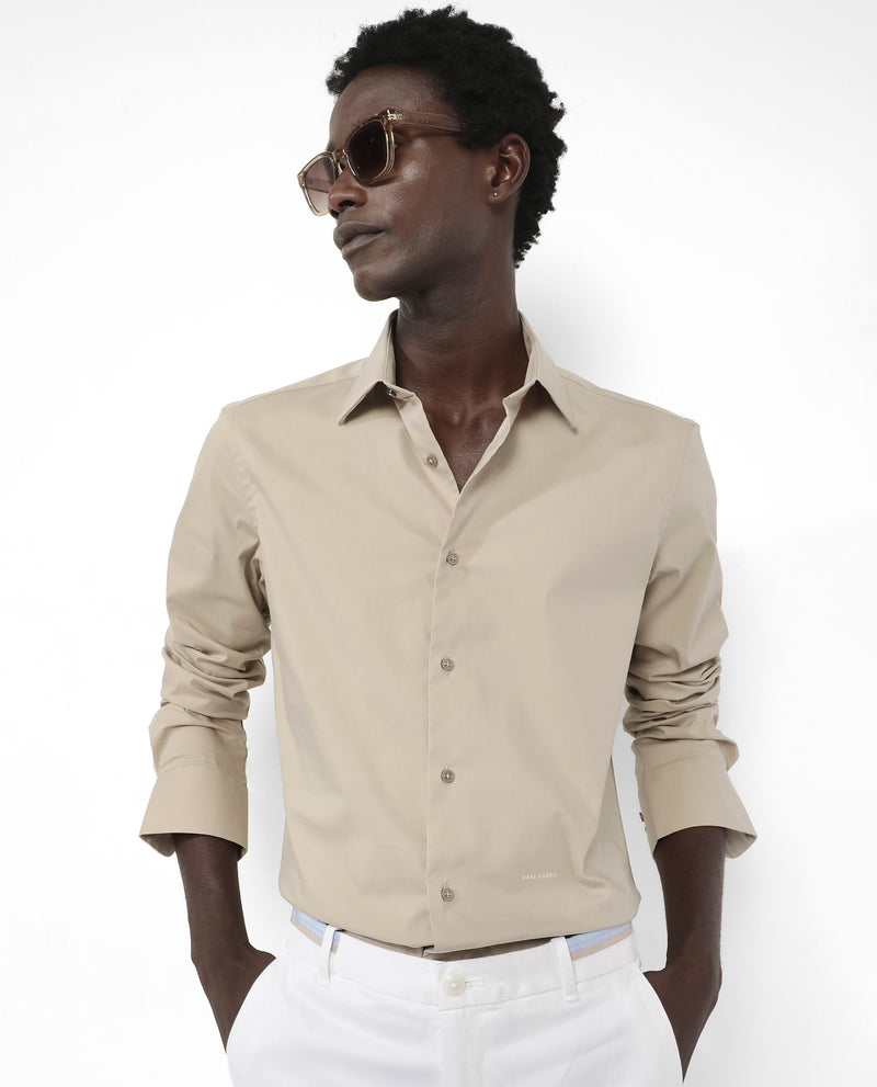 Rare Rabbit Men's Benedict Beige Cotton Poly Elastane Blend Fabric Full Sleeve Solid Formal Shirt