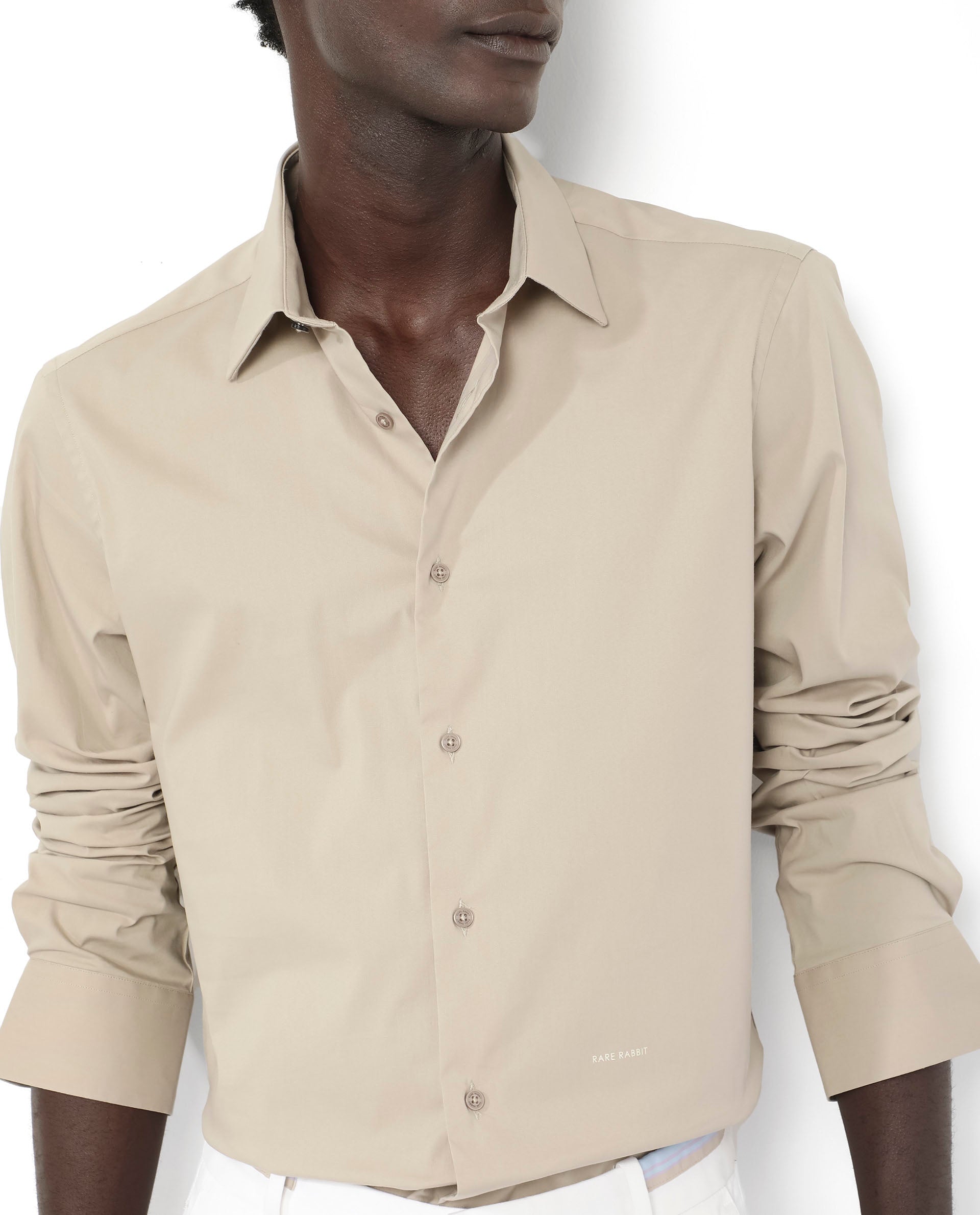 Rare Rabbit Men's Benedict Beige Cotton Poly Elastane Blend Fabric Full Sleeve Solid Formal Shirt