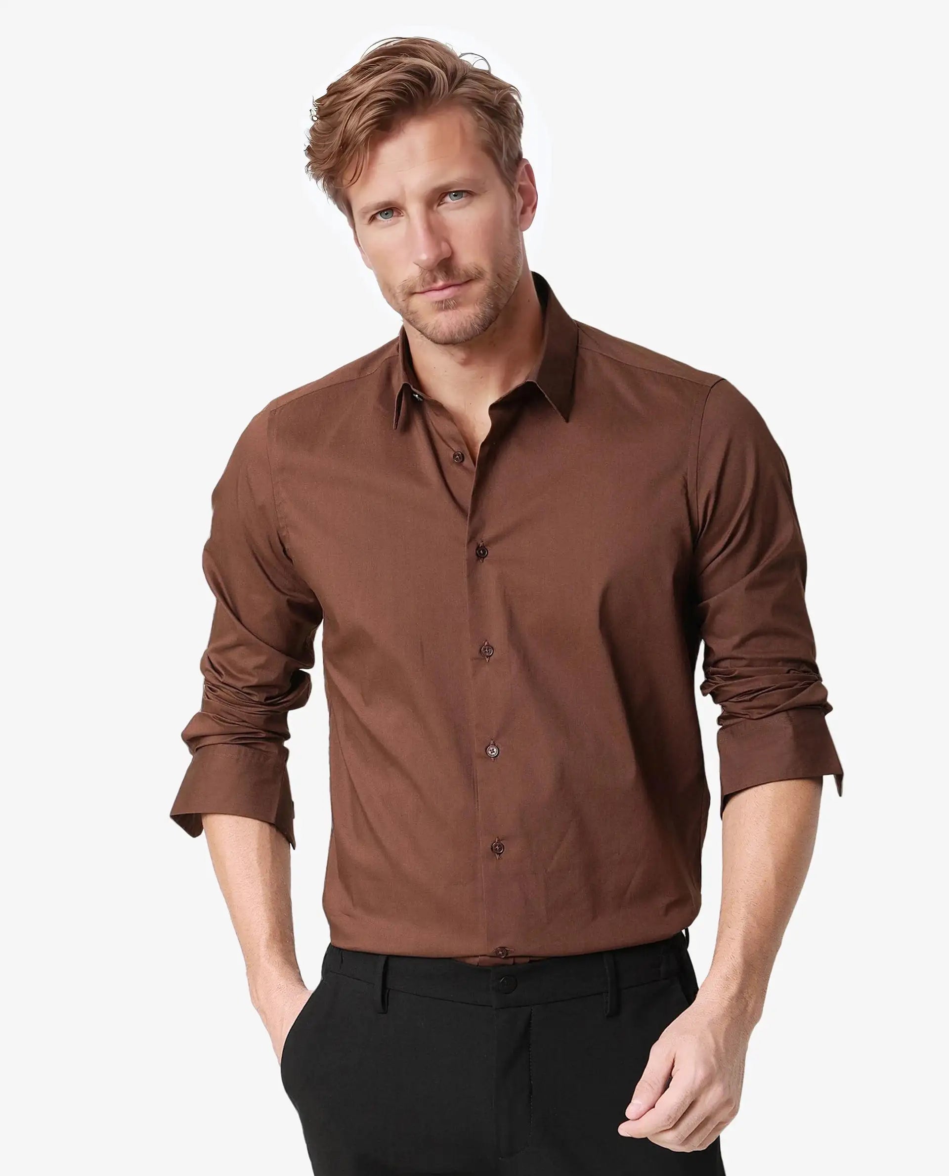 Rare Rabbit Mens Benedict Brown Cotton Stretch Drop Collar Full Sleeves Shirt