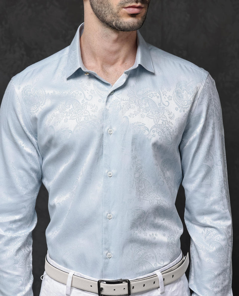 Rare Rabbit Mens Beran Pastel Blue Full Sleeve Paisley Print Jacquard Shirt