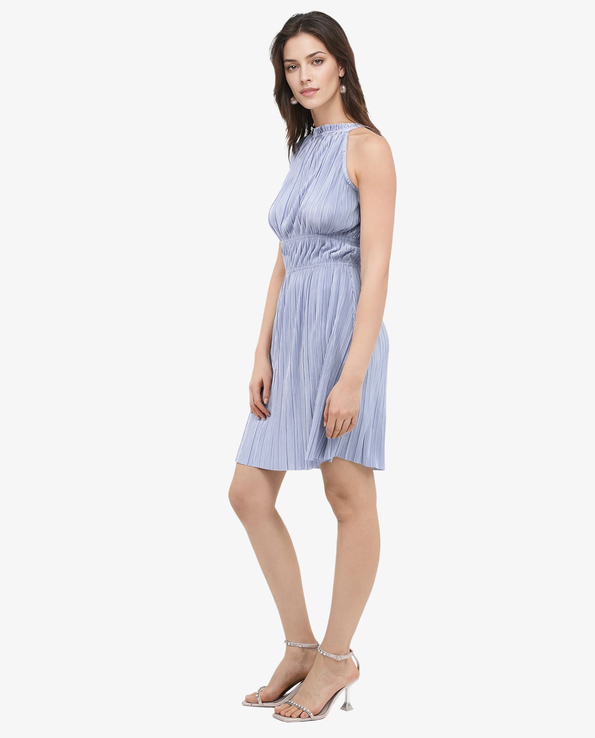 Rareism Women's Berkyn Purple Polyester Fabric Halter Neck Tie-Up Closure Sleeveless Plain Fit And Flare Mini Dress