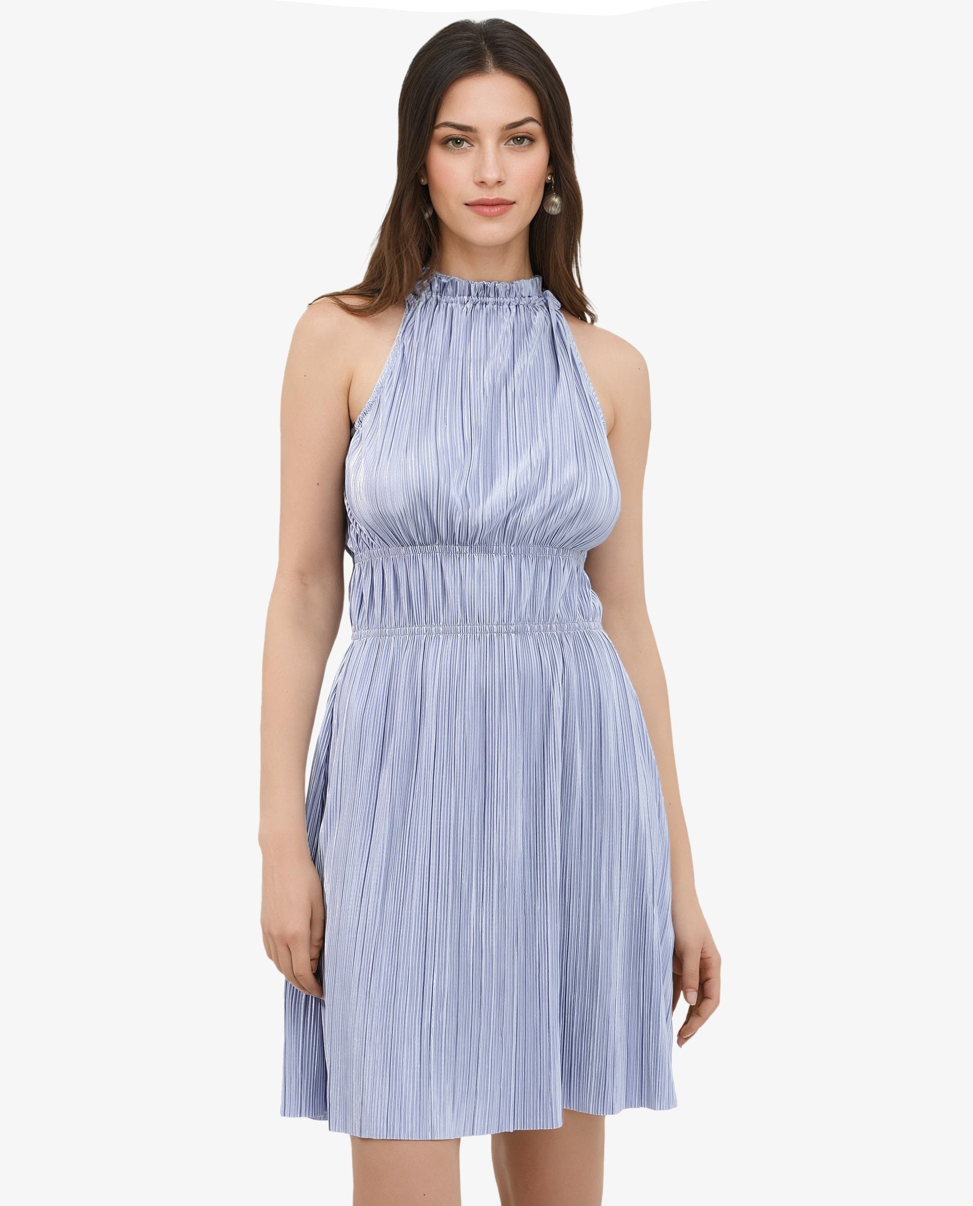 Rareism Women's Berkyn Purple Polyester Fabric Halter Neck Tie-Up Closure Sleeveless Plain Fit And Flare Mini Dress