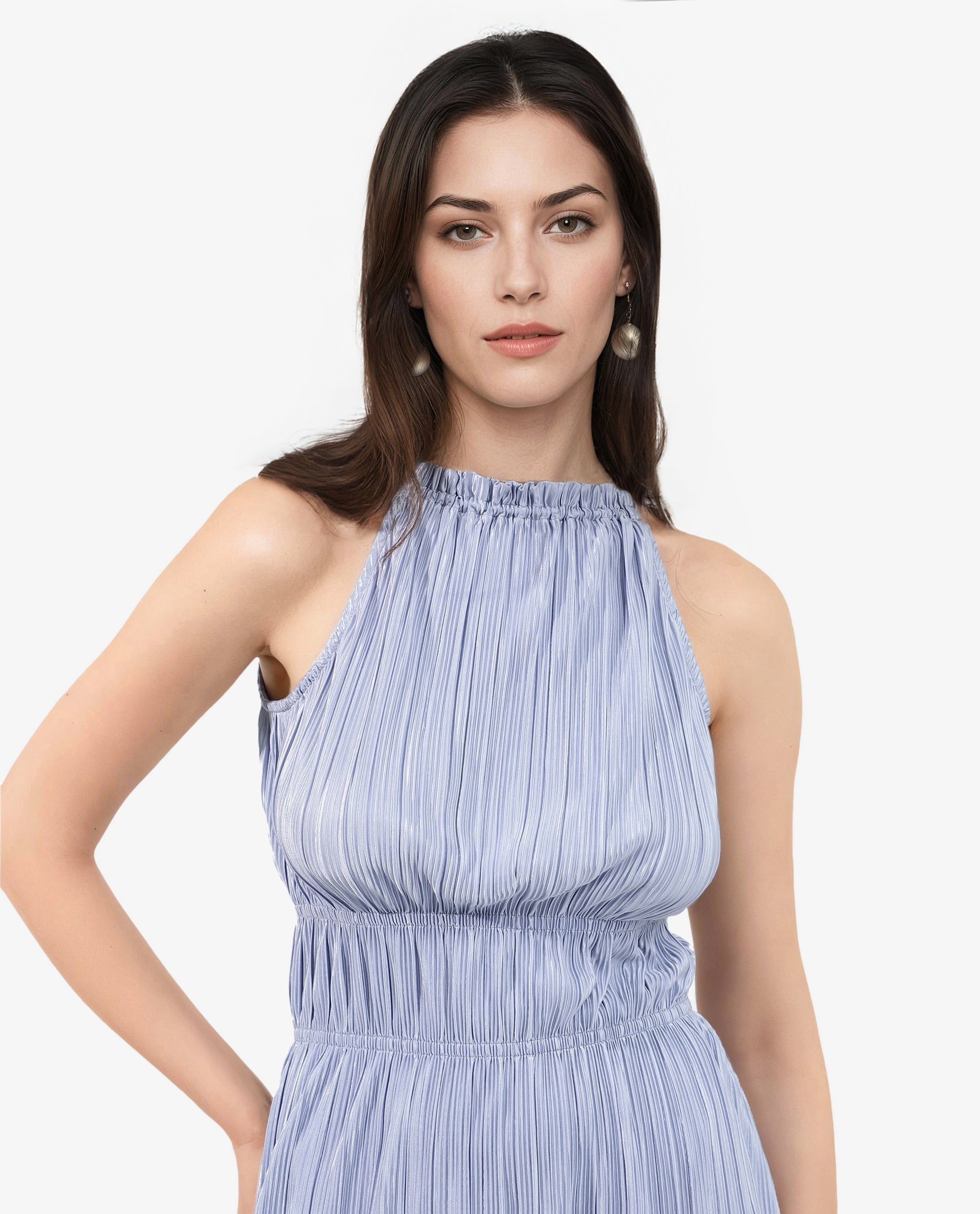 Rareism Women's Berkyn Purple Polyester Fabric Halter Neck Tie-Up Closure Sleeveless Plain Fit And Flare Mini Dress