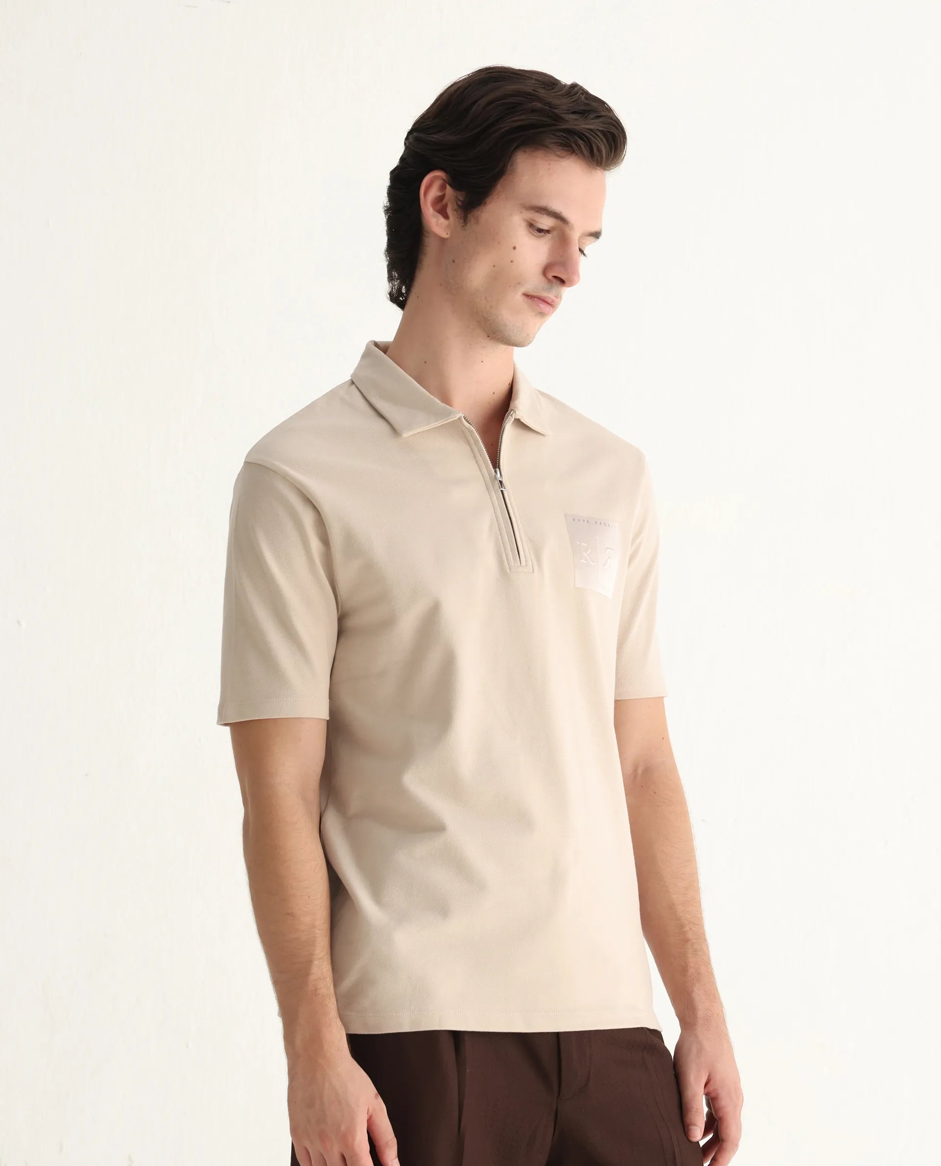 Rare Rabbit Men's Berner Beige Cotton Blend Graphic Print Regular Fit Half Sleeve Polo