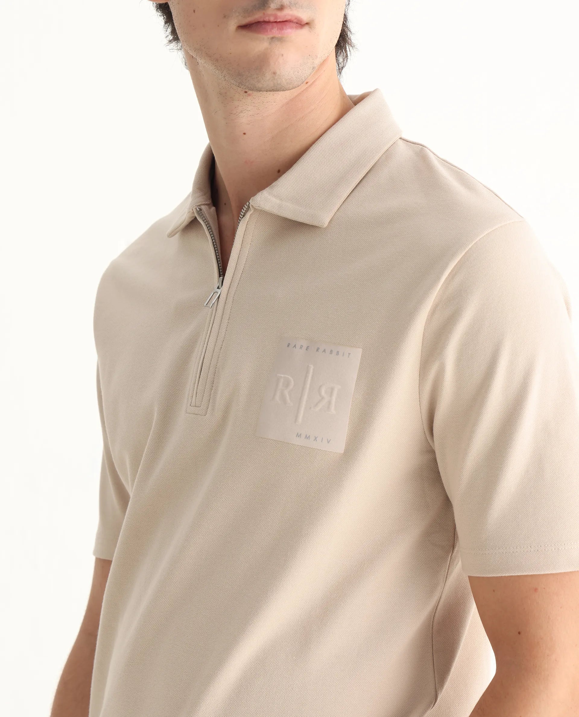 Rare Rabbit Men's Berner Beige Cotton Blend Graphic Print Regular Fit Half Sleeve Polo