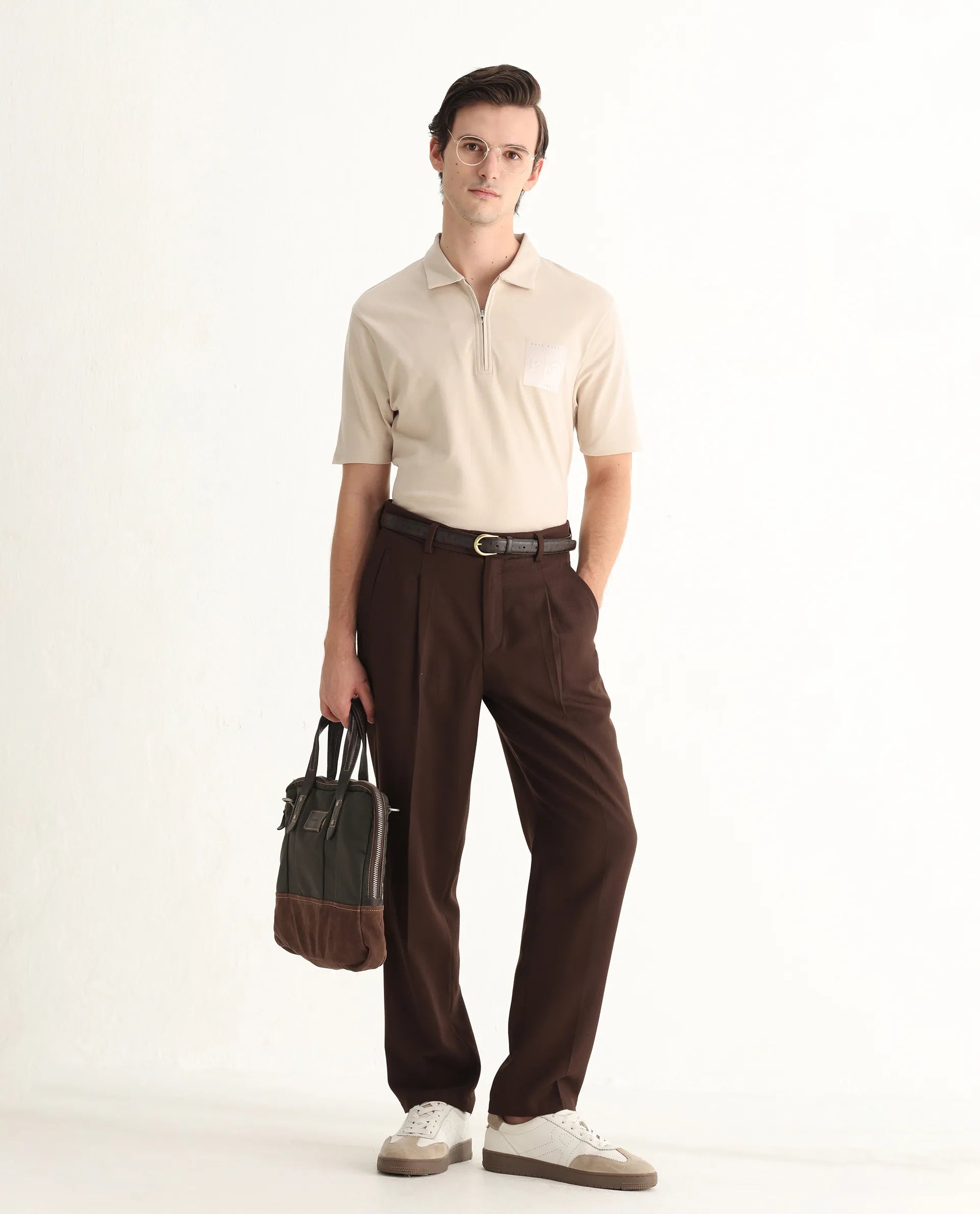 Rare Rabbit Men's Berner Beige Cotton Blend Graphic Print Regular Fit Half Sleeve Polo