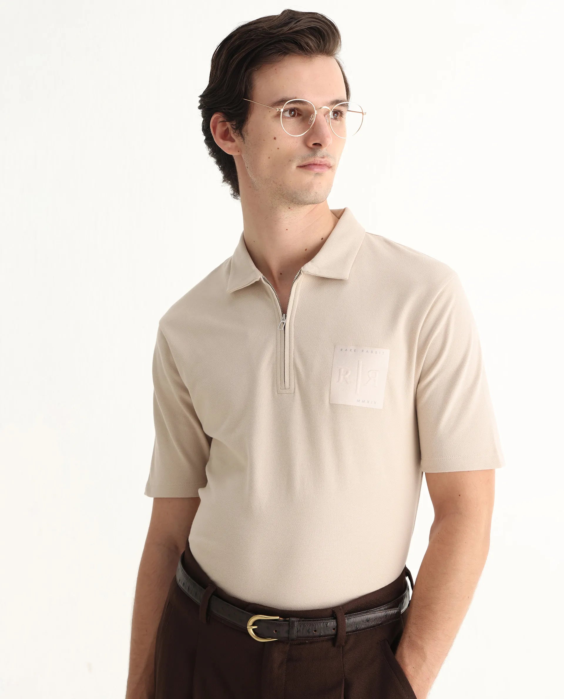 Rare Rabbit Men's Berner Beige Cotton Blend Graphic Print Regular Fit Half Sleeve Polo