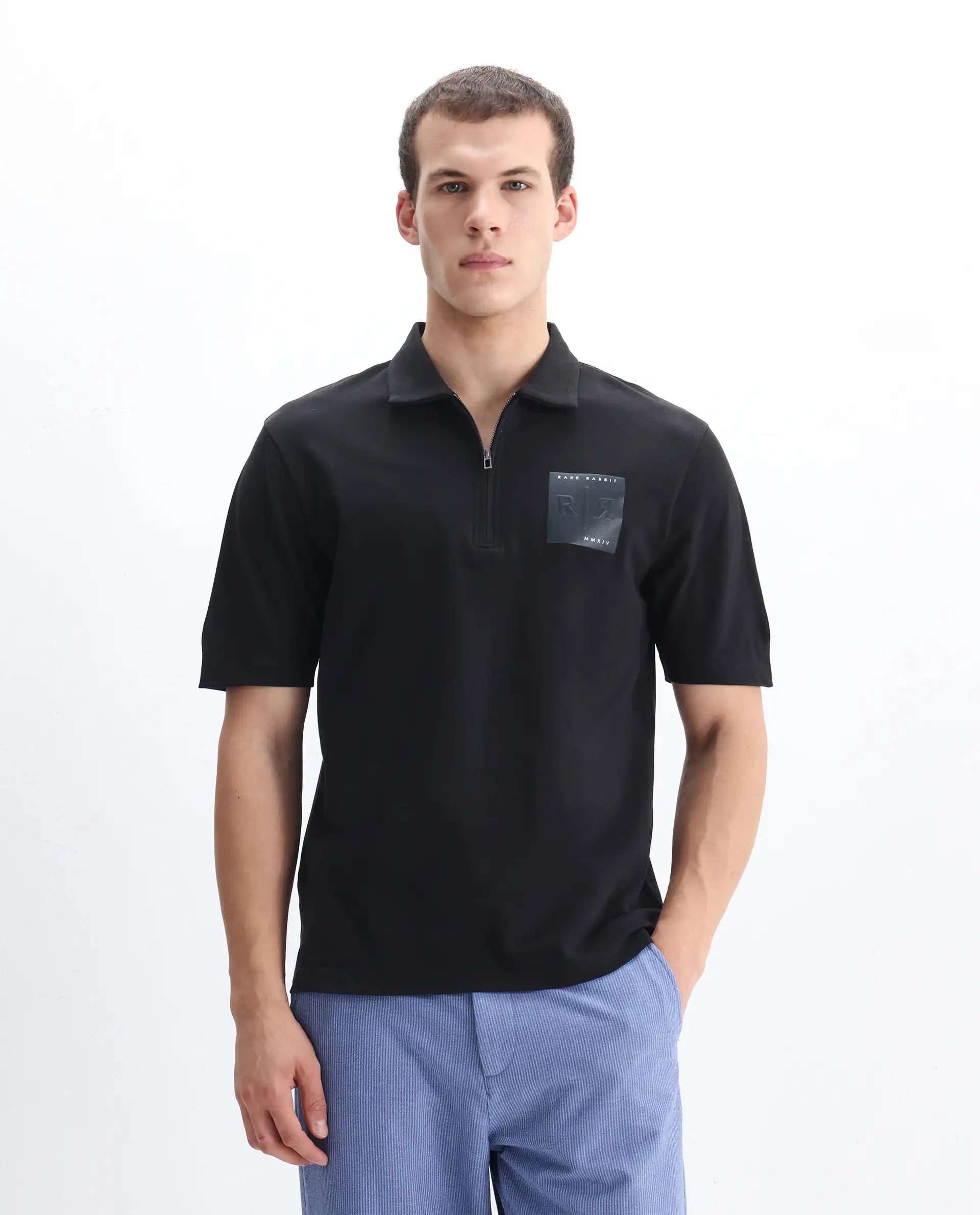 Rare Rabbit Men's Berner Black Cotton Blend Graphic Print Regular Fit Half Sleeve Polo