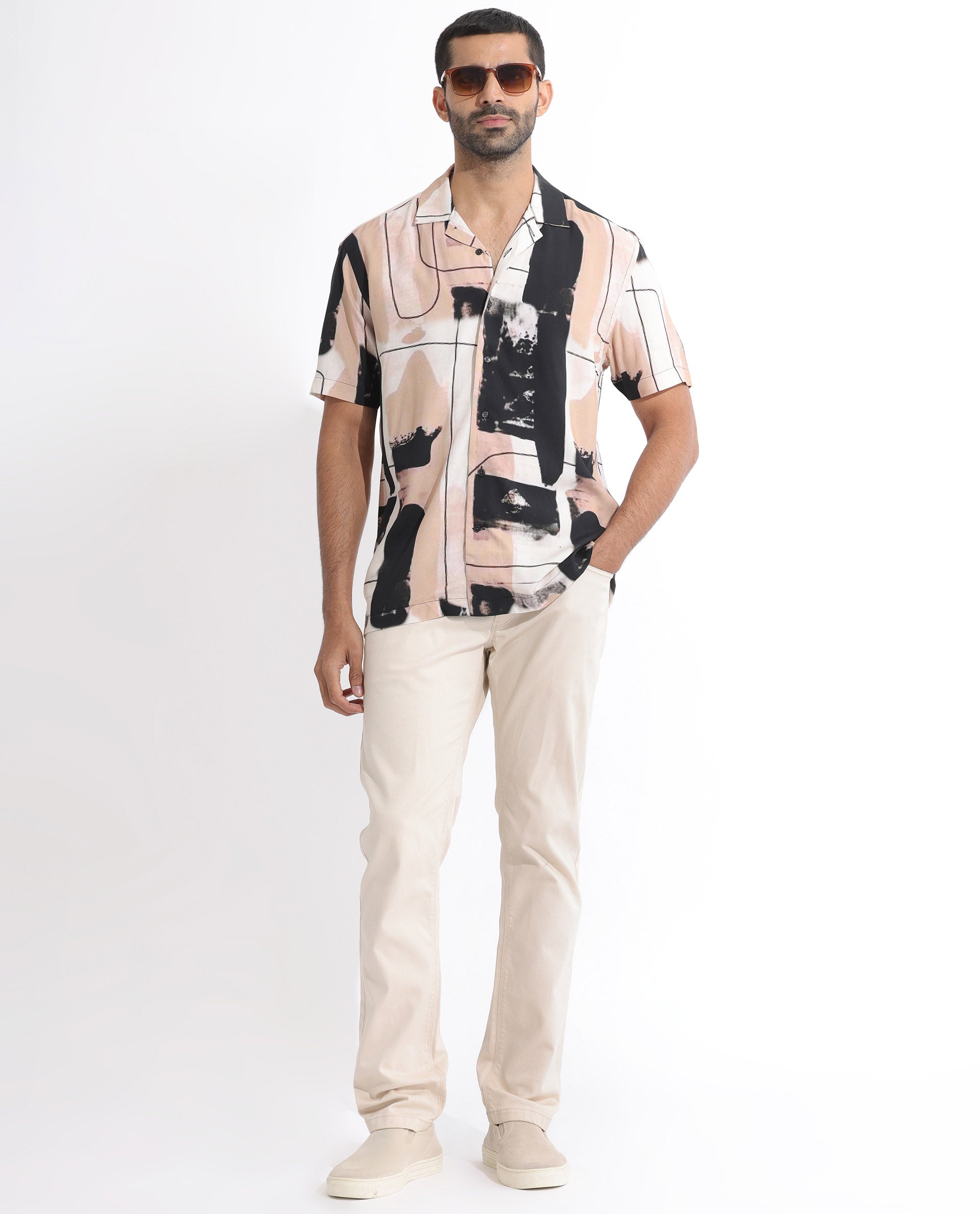 Rare Rabbit Men's Bexley Beige Viscose Fabric Cuban Collar Abstract Print Half Sleeves Shirt