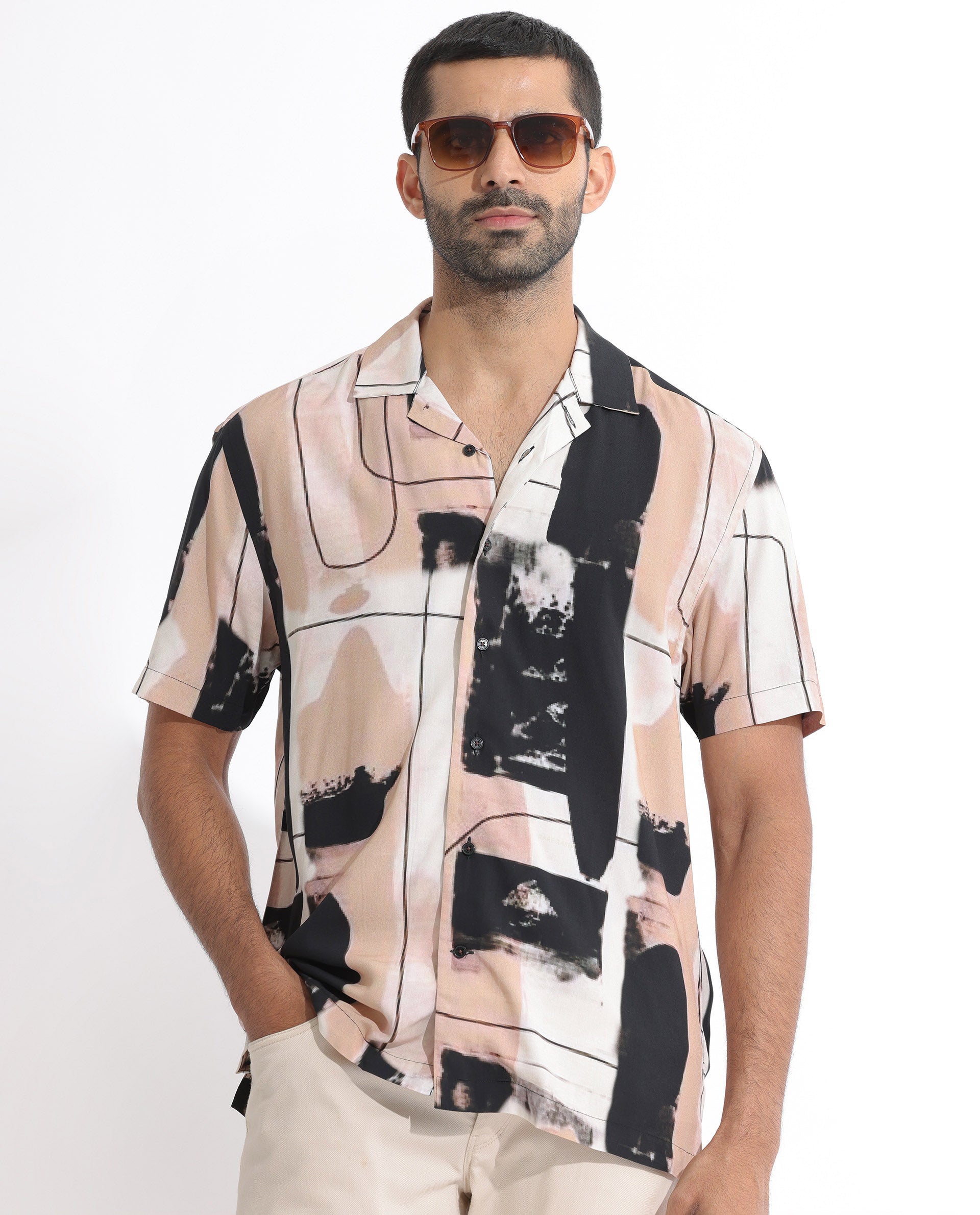 Rare Rabbit Men's Bexley Beige Viscose Fabric Cuban Collar Abstract Print Half Sleeves Shirt
