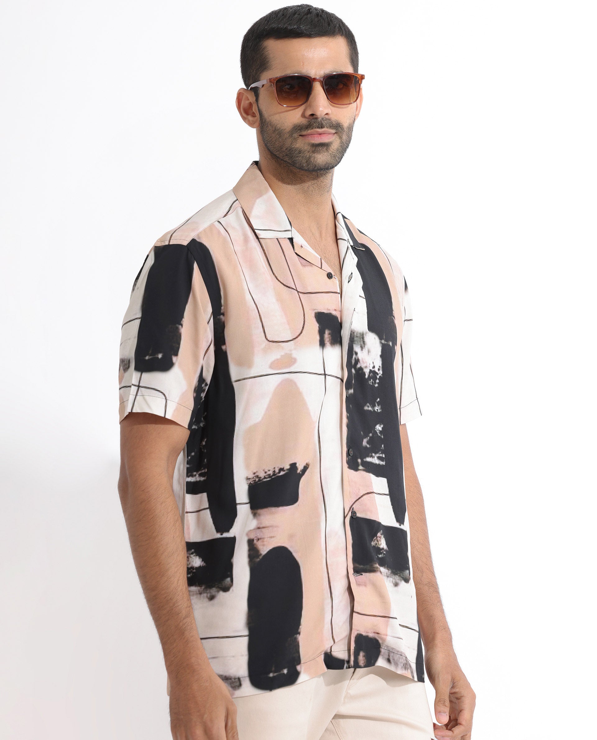 Rare Rabbit Men's Bexley Beige Viscose Fabric Cuban Collar Abstract Print Half Sleeves Shirt
