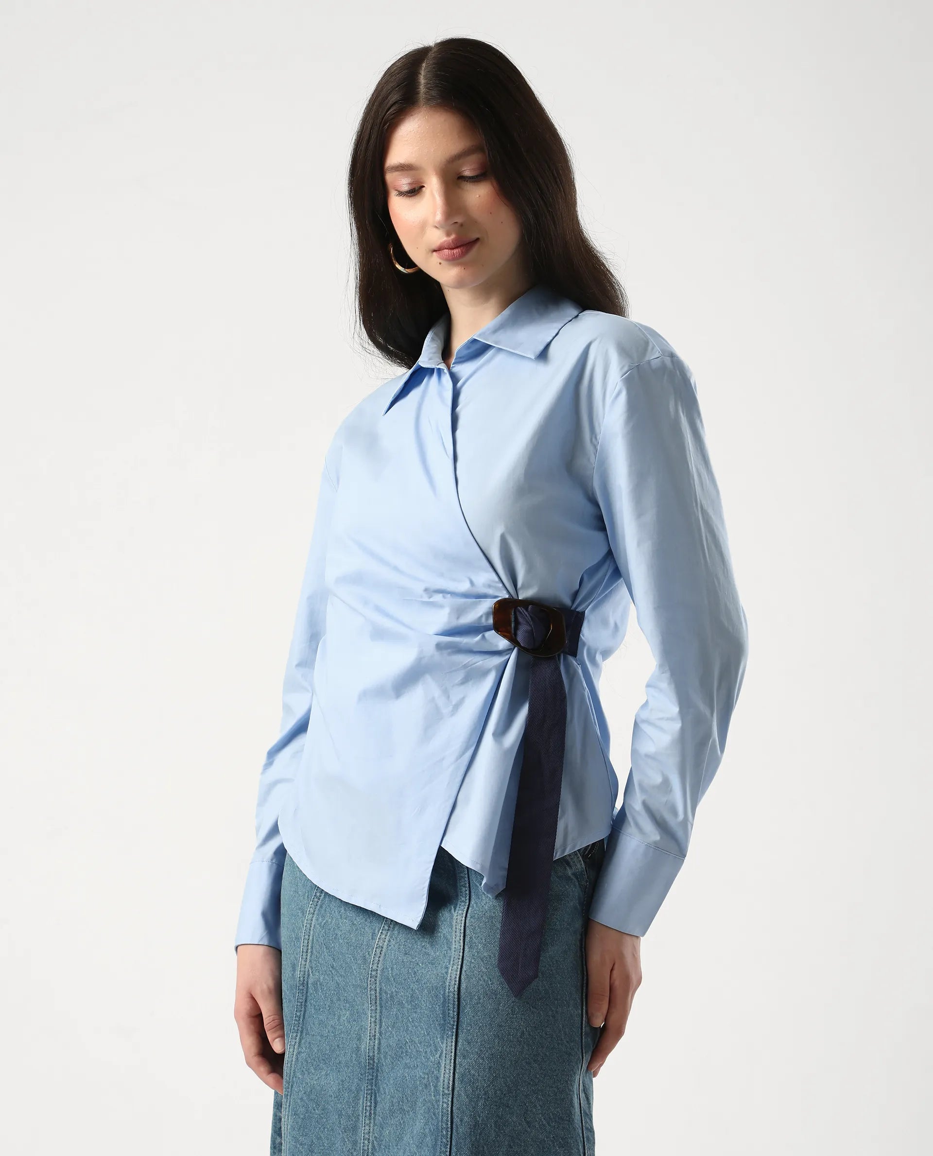 Rareism Women's Bhanella T Blue Cotton Spread Collar Plain Cuffed Sleeve Relaxed Fit Shirt