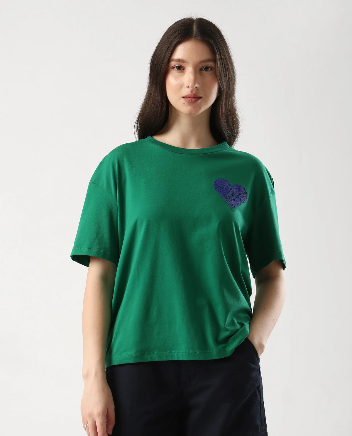 Rareism Women's Bharmo Green Cotton Crew Neck Typography Print Boxy Fit T-Shirt