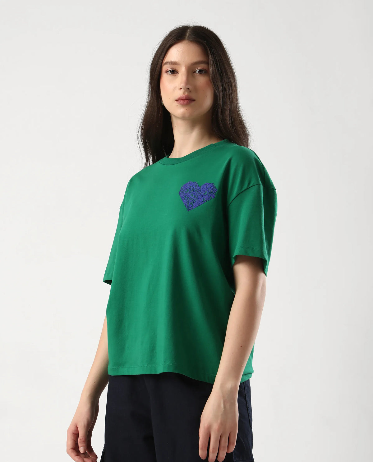 Rareism Women's Bharmo Green Cotton Crew Neck Typography Print Boxy Fit T-Shirt
