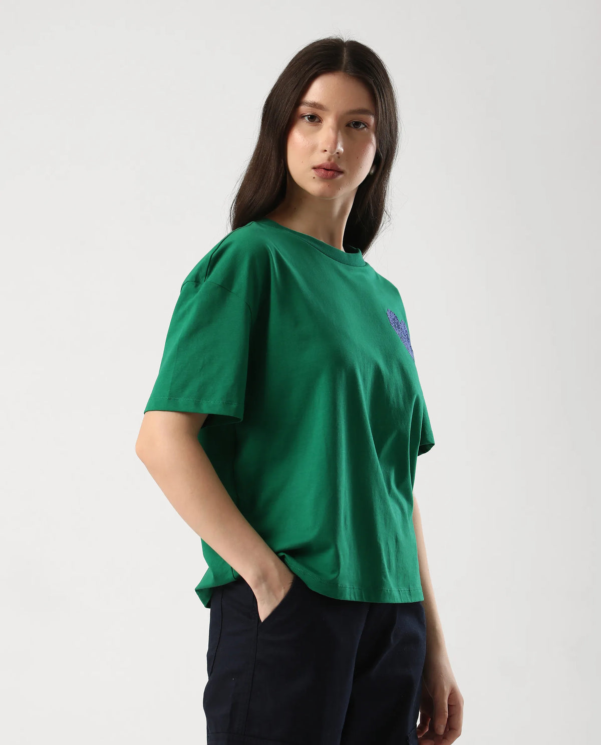 Rareism Women's Bharmo Green Cotton Crew Neck Typography Print Boxy Fit T-Shirt