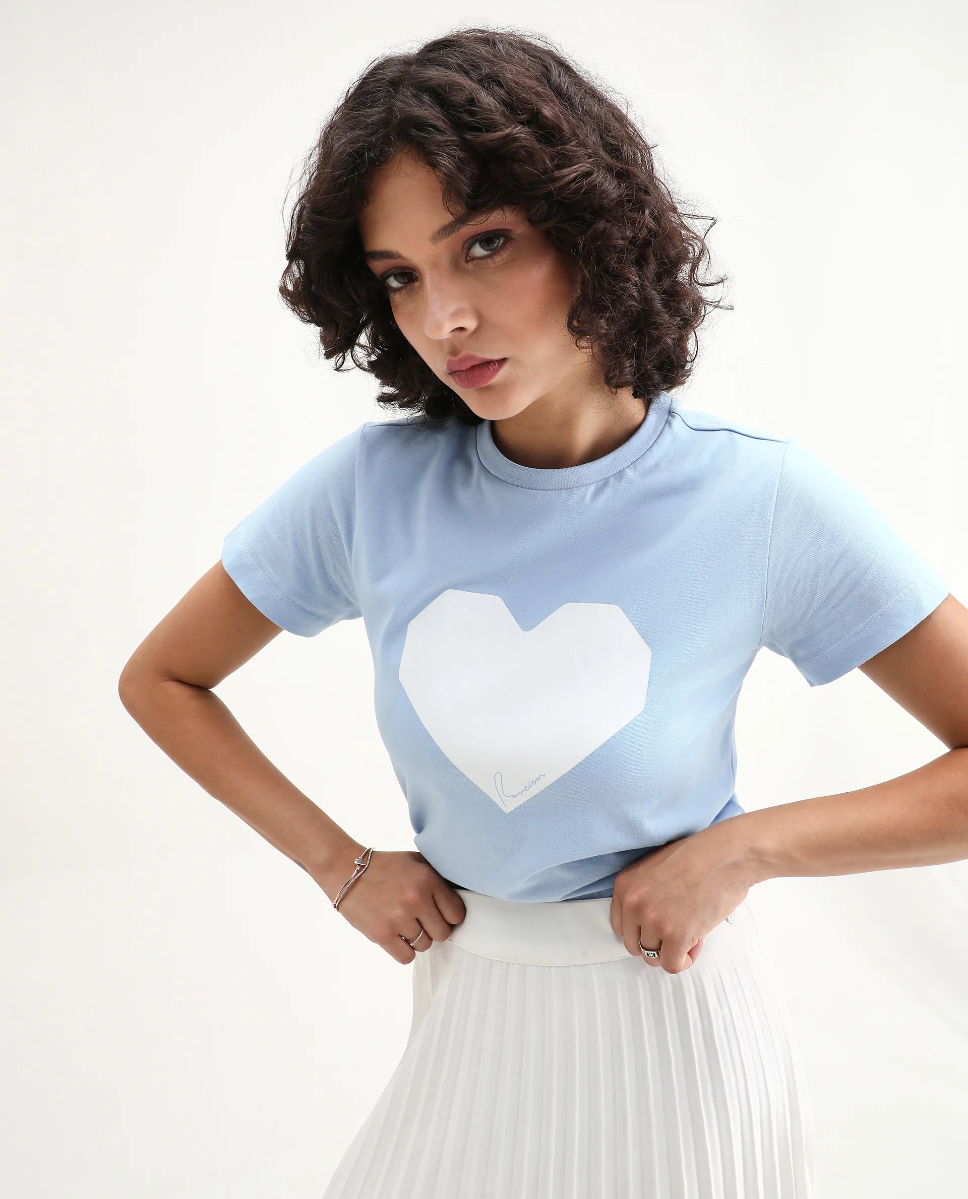 Rareism Women's Bhax Light Blue Cotton Crew Neck Typography Print Regular Fit T-Shirt