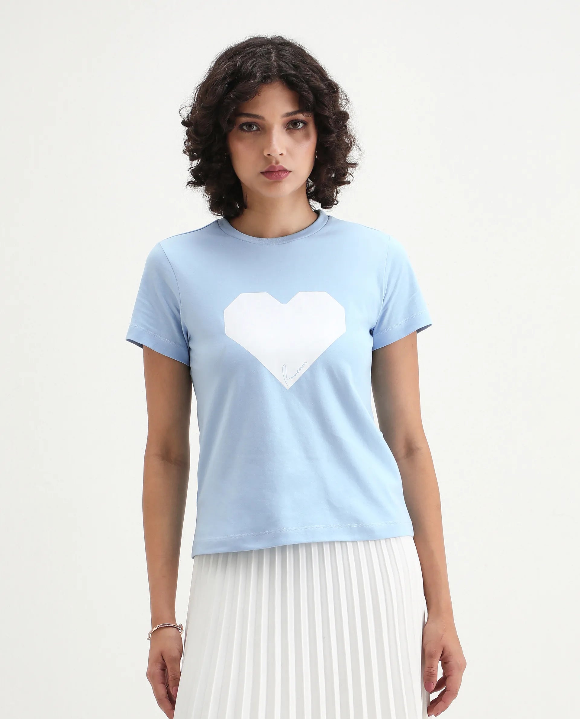 Rareism Women's Bhax Light Blue Cotton Crew Neck Typography Print Regular Fit T-Shirt