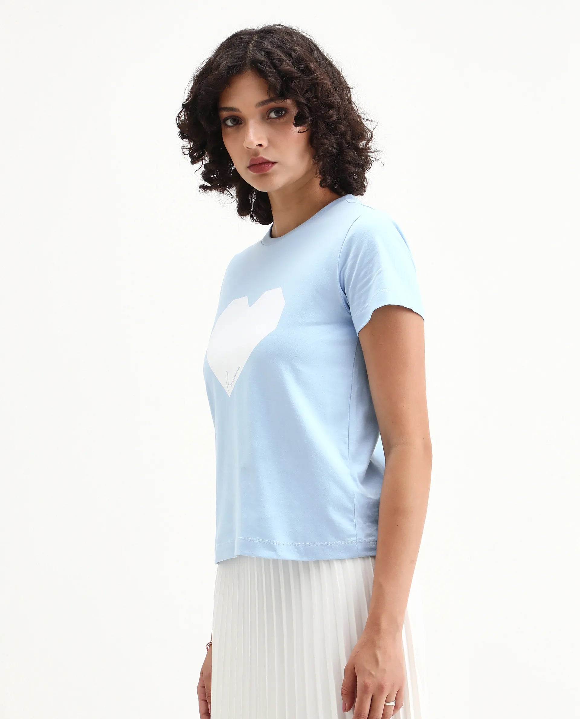 Rareism Women's Bhax Light Blue Cotton Crew Neck Typography Print Regular Fit T-Shirt