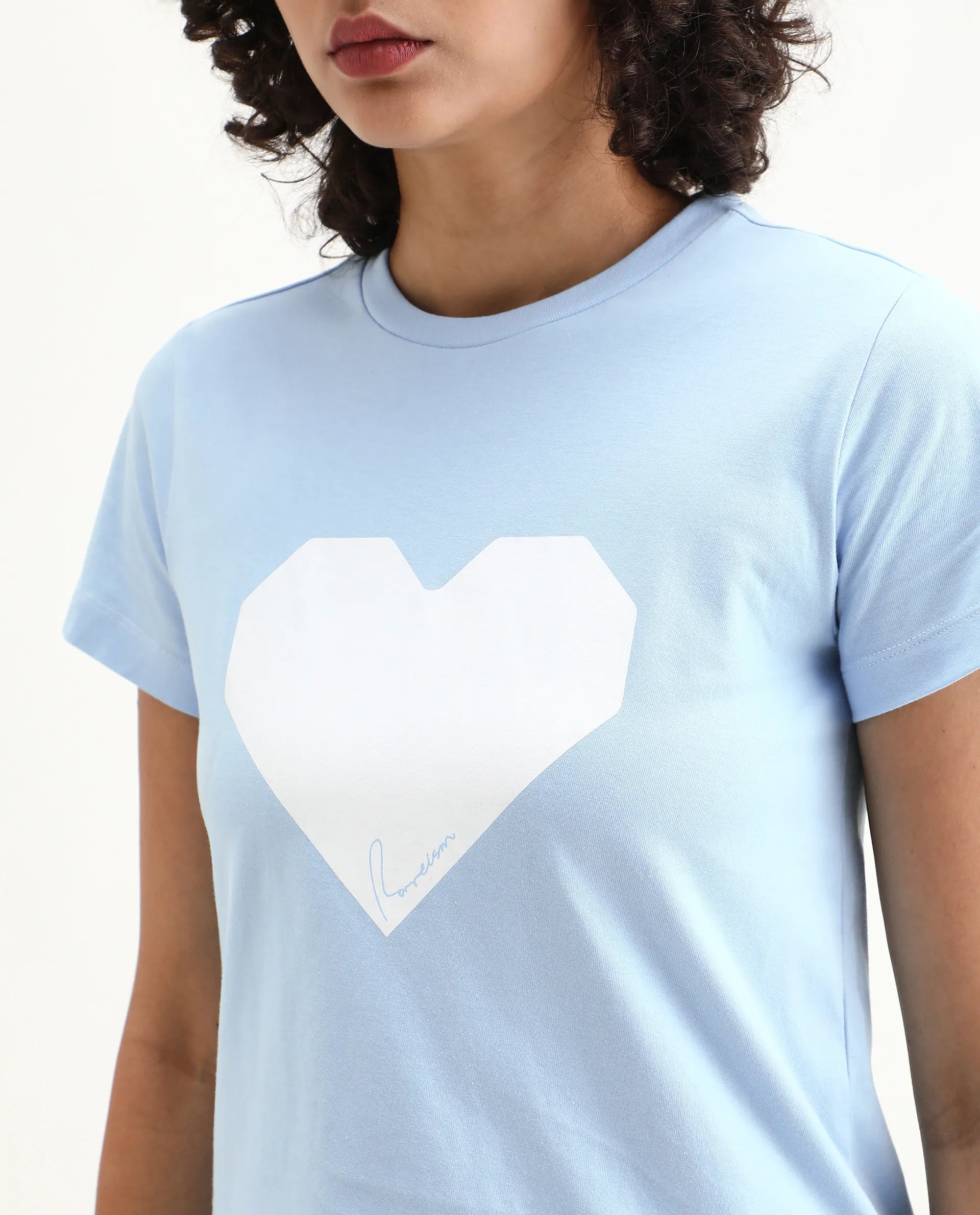 Rareism Women's Bhax Light Blue Cotton Crew Neck Typography Print Regular Fit T-Shirt