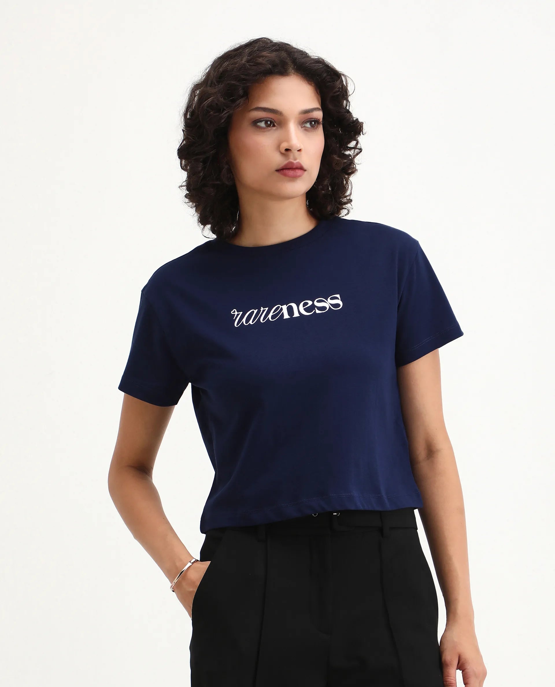 Rareism Women's Bhaze Navy Cotton Crew Neck Typography Print Crop Regular Fit T-Shirt