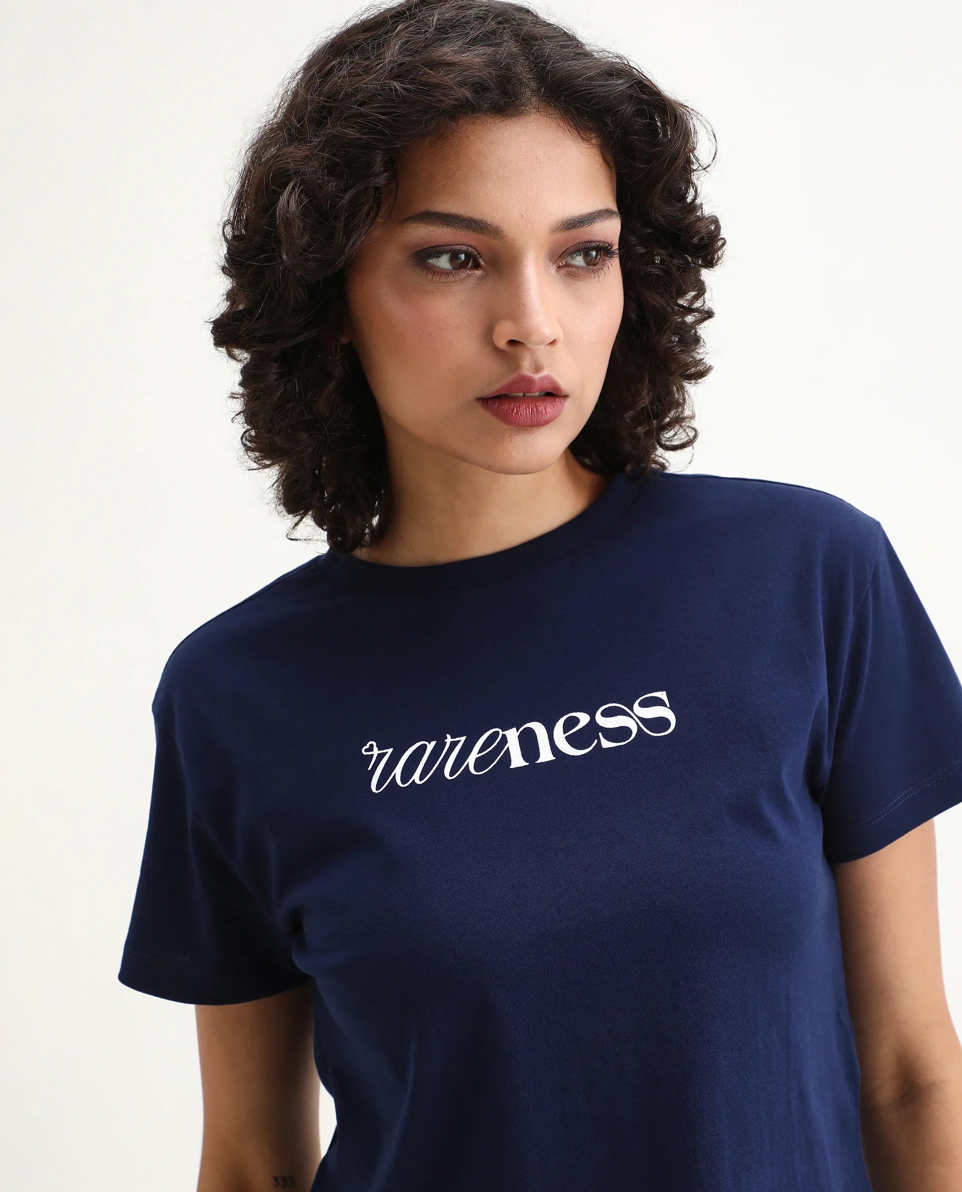 Rareism Women's Bhaze Navy Cotton Crew Neck Typography Print Crop Regular Fit T-Shirt