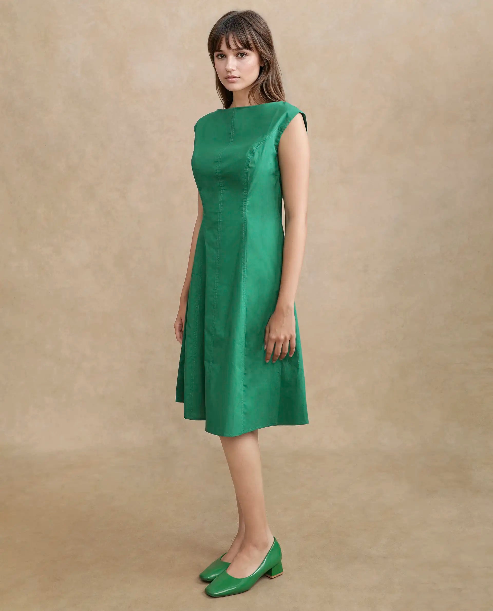 Rareism Women's Bhlaski Green Cotton Round Neck Plain Sleeveless Knee Length Straight Fit Dress