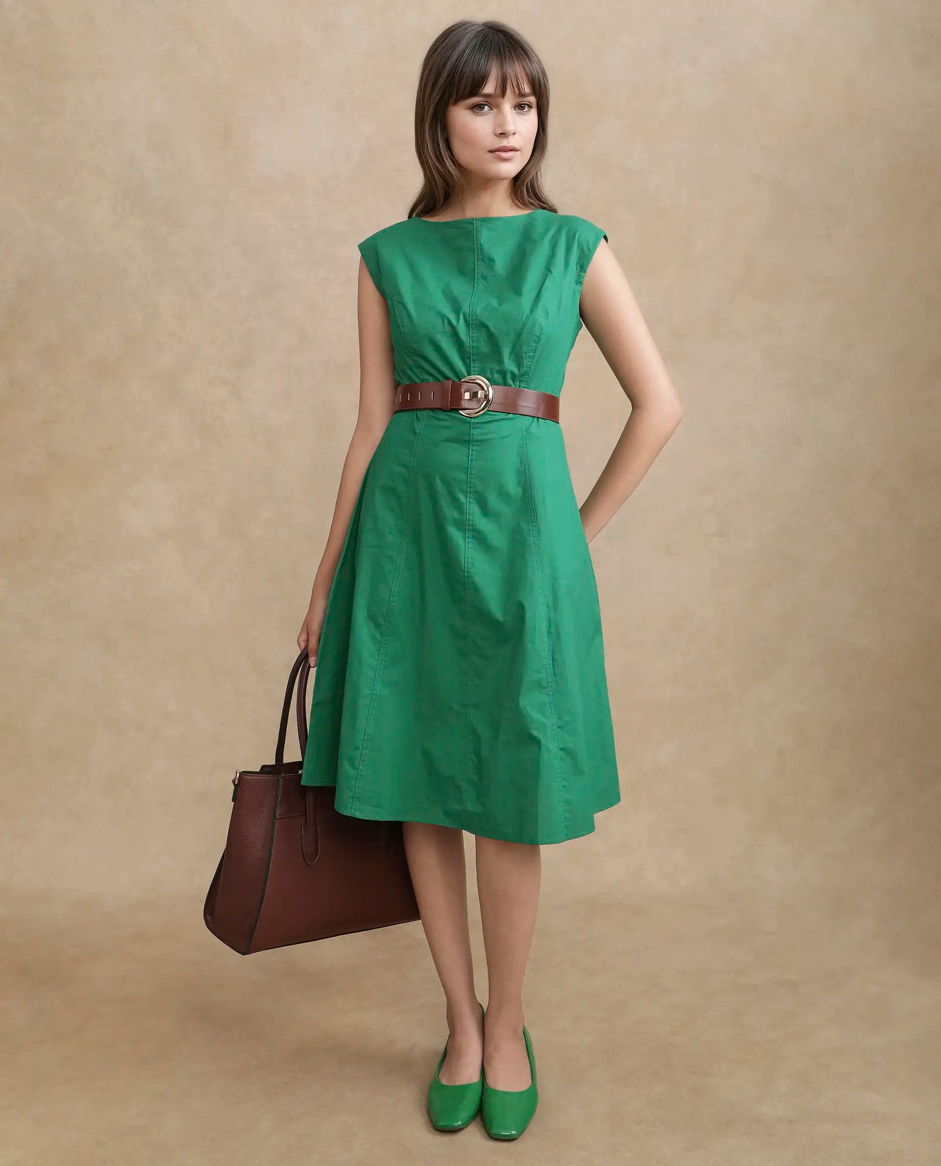 Rareism Women's Bhlaski Green Cotton Round Neck Plain Sleeveless Knee Length Straight Fit Dress