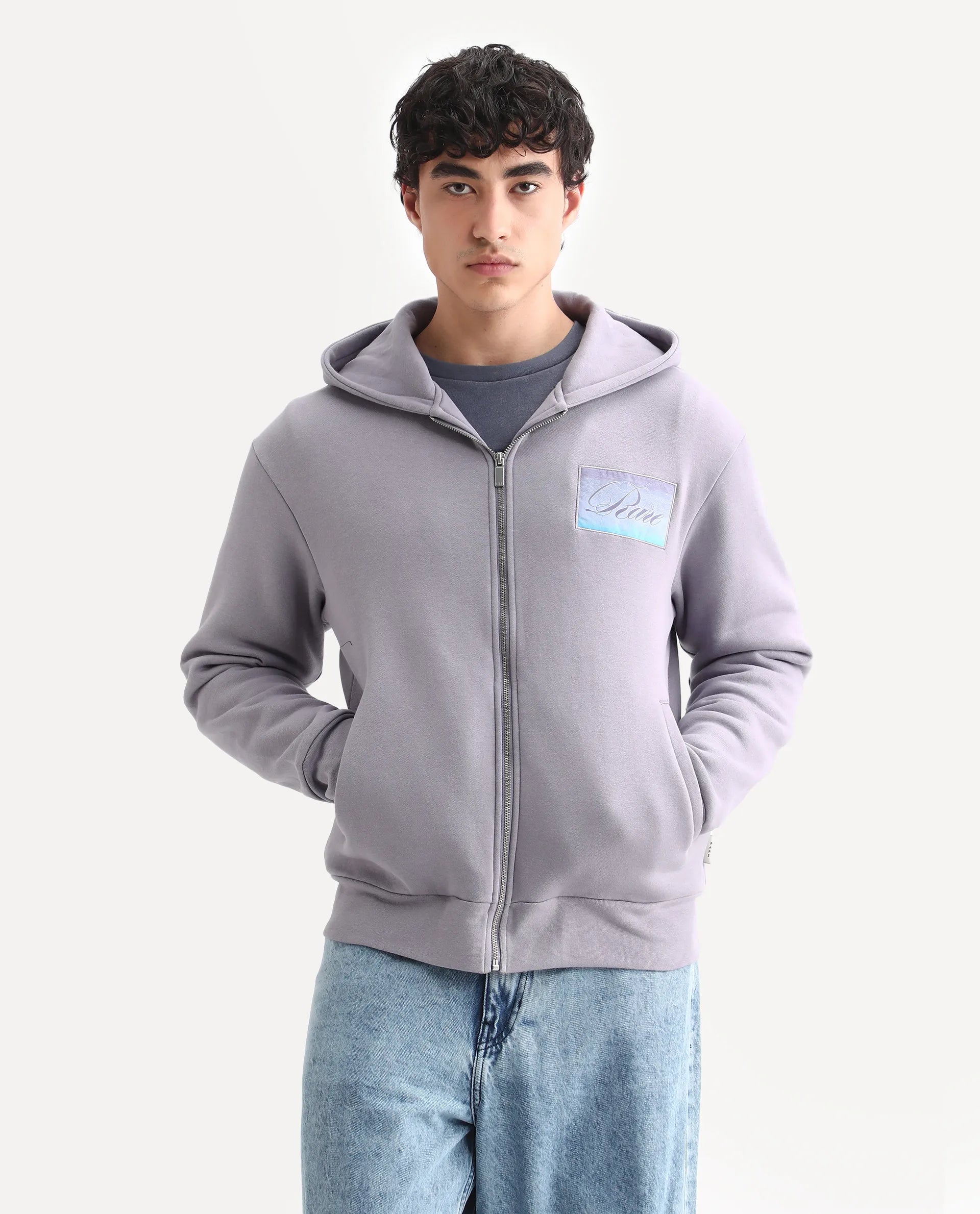 Rare Rabbit Men's Bien Dusky Purple Cotton Blend Fabric Full Sleeves Hooded Zipper Closure Label Print Sweatshirt