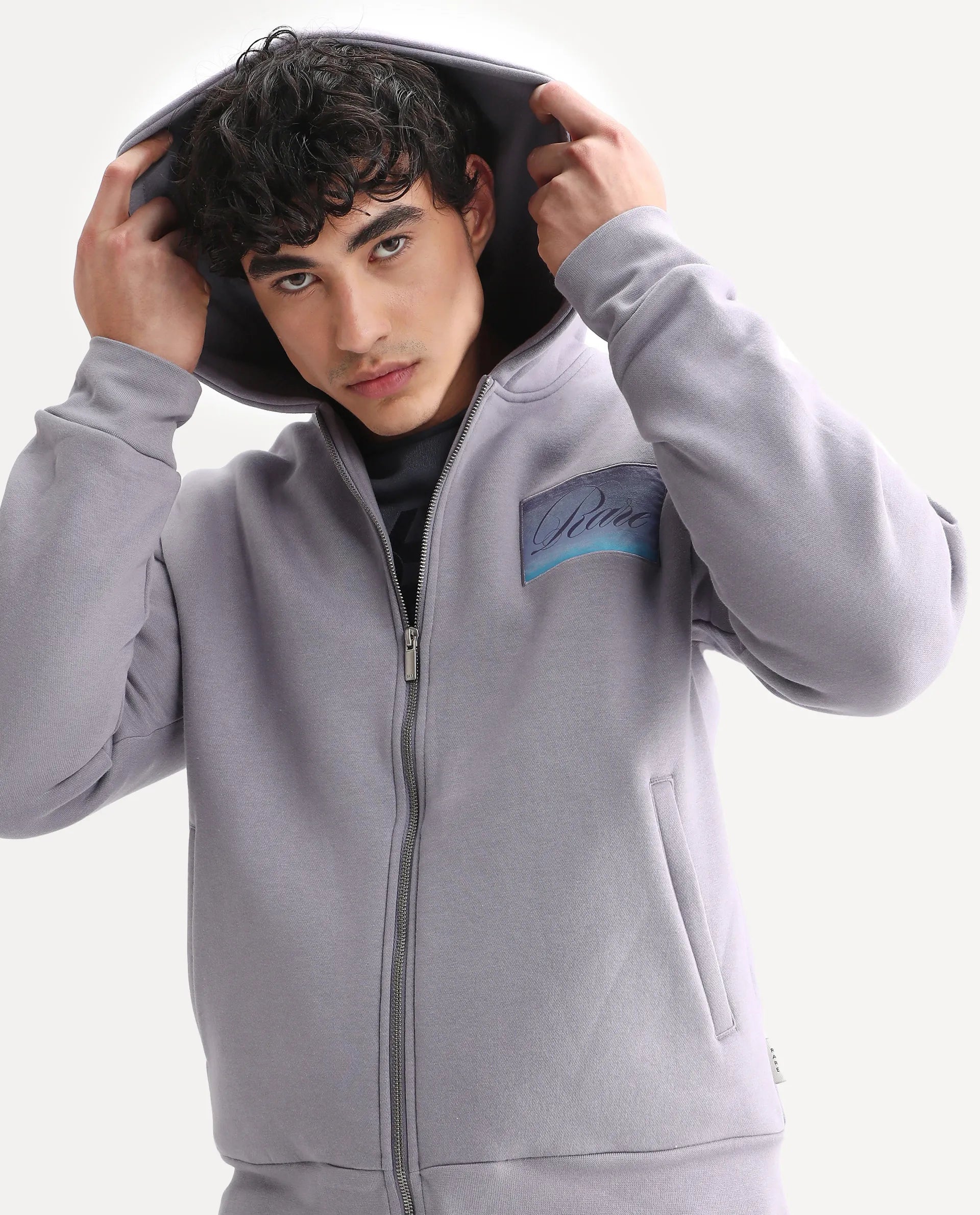 Rare Rabbit Men's Bien Dusky Purple Cotton Blend Fabric Full Sleeves Hooded Zipper Closure Label Print Sweatshirt