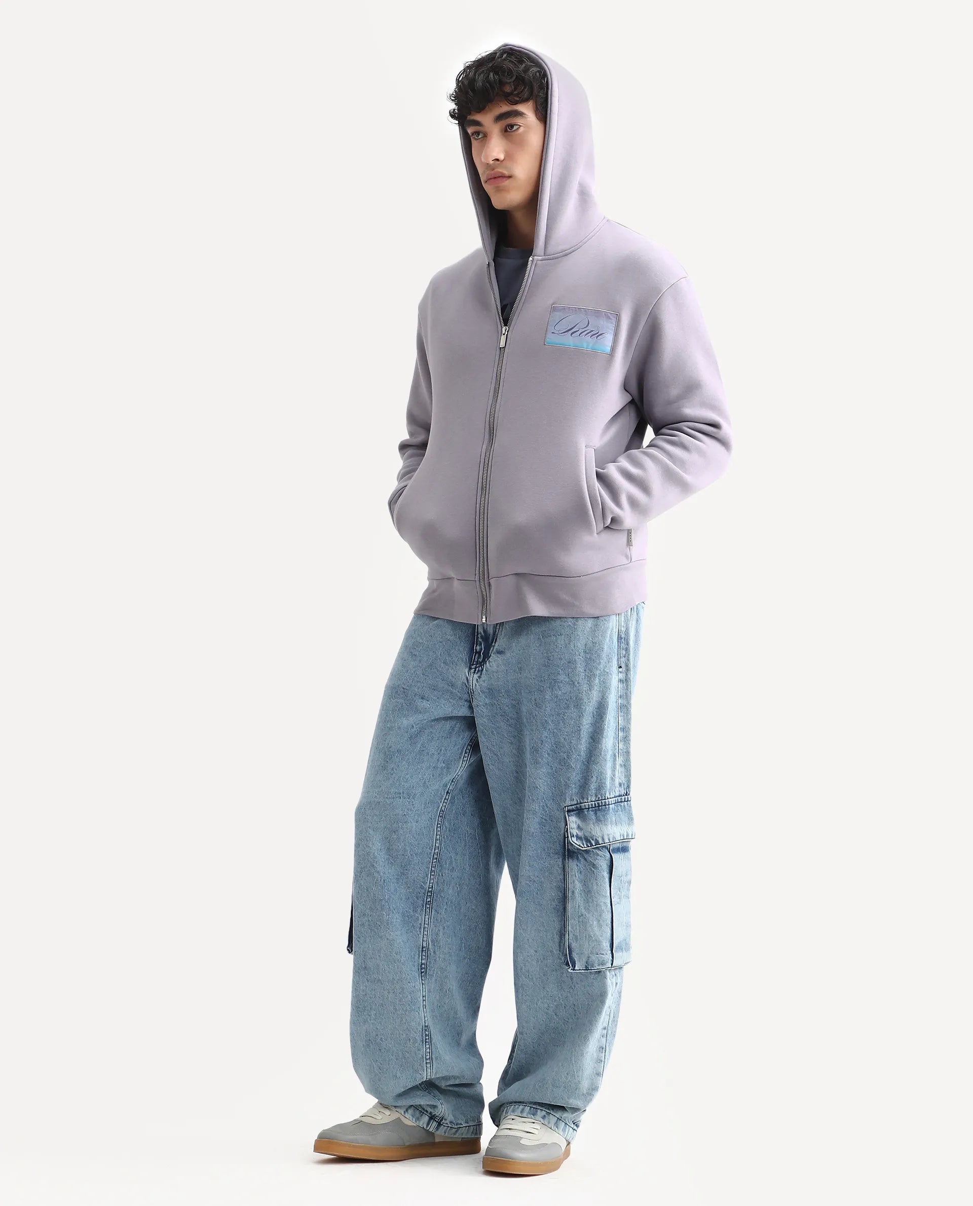 Rare Rabbit Men's Bien Dusky Purple Cotton Blend Fabric Full Sleeves Hooded Zipper Closure Label Print Sweatshirt