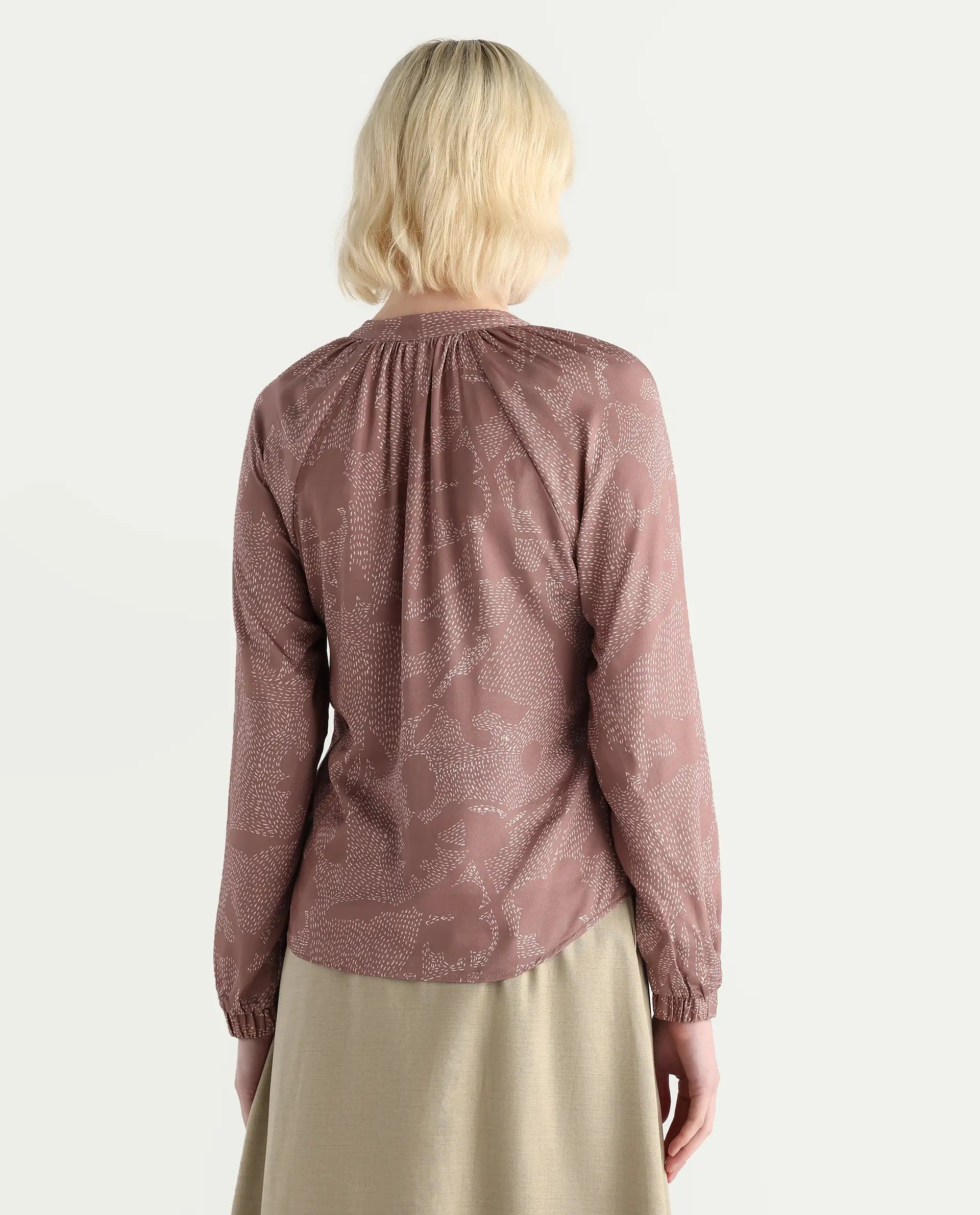 Rareism Women's Binzo Light Brown Viscose Raglan Sleeves Mandarin Collar Regular Fit Top