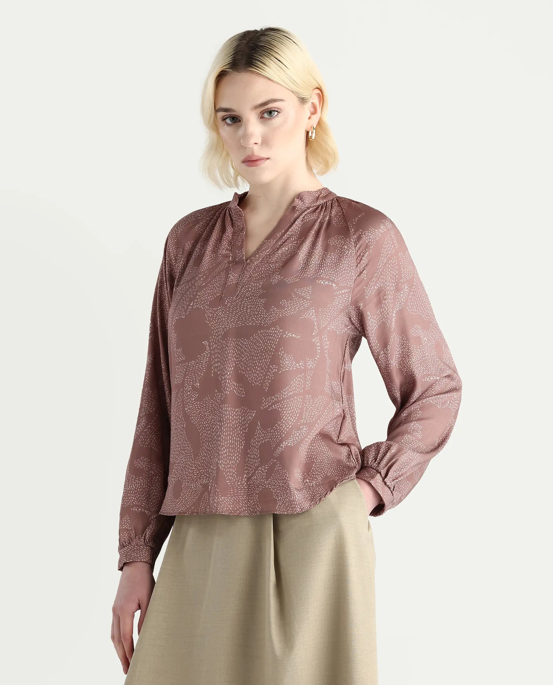 Rareism Women's Binzo Light Brown Viscose Raglan Sleeves Mandarin Collar Regular Fit Top
