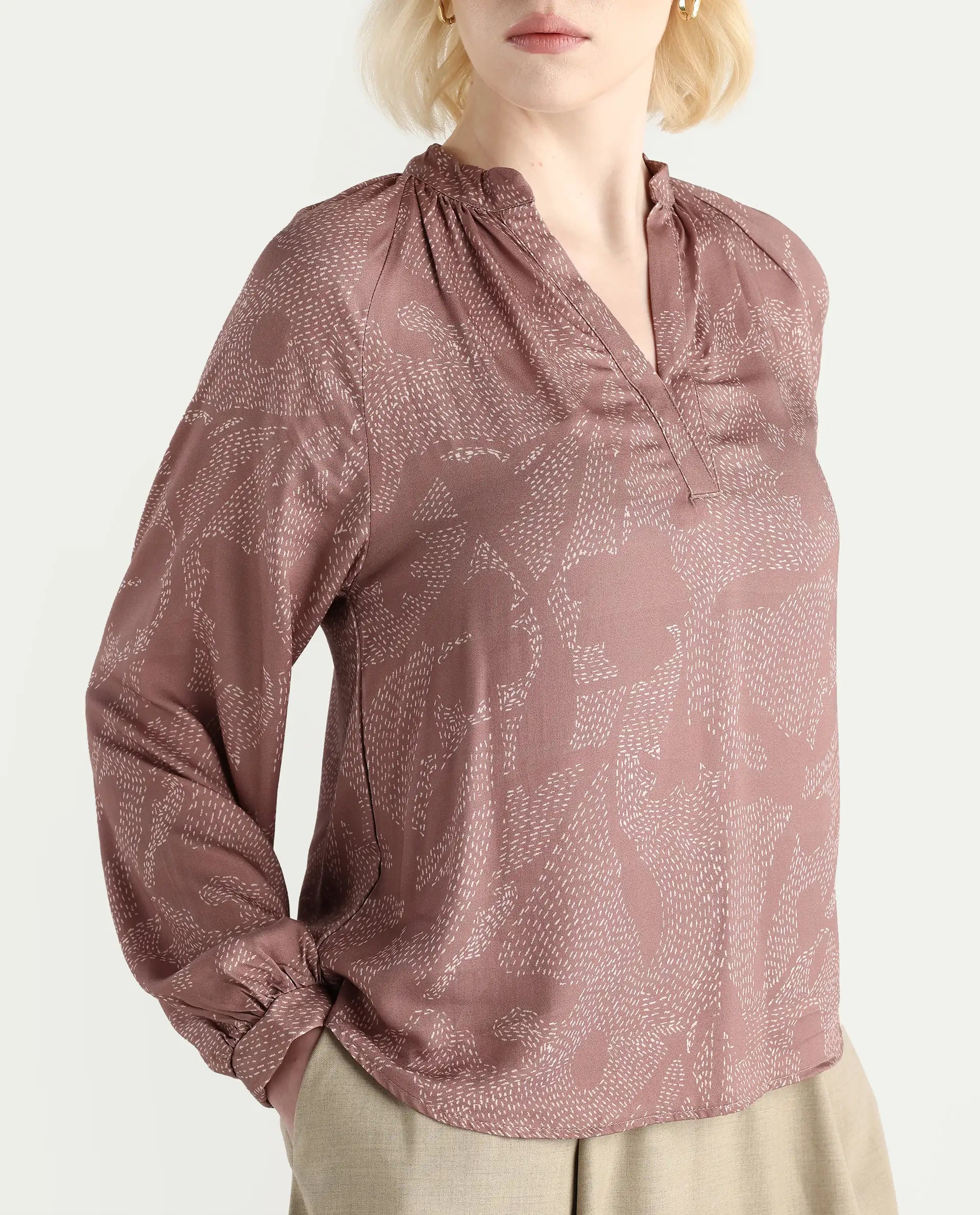 Rareism Women's Binzo Light Brown Viscose Raglan Sleeves Mandarin Collar Regular Fit Top