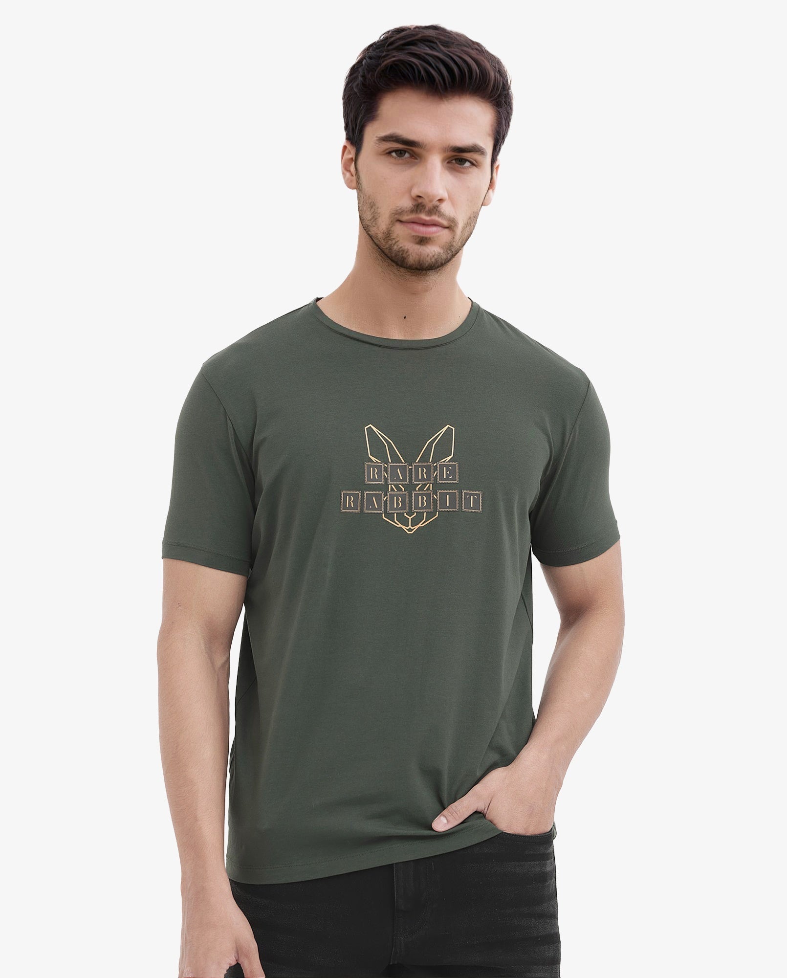 Rare Rabbit Men's Bion Olive Cotton Lycra Fabric Half Sleeves Logo Graphic Print T-Shirt