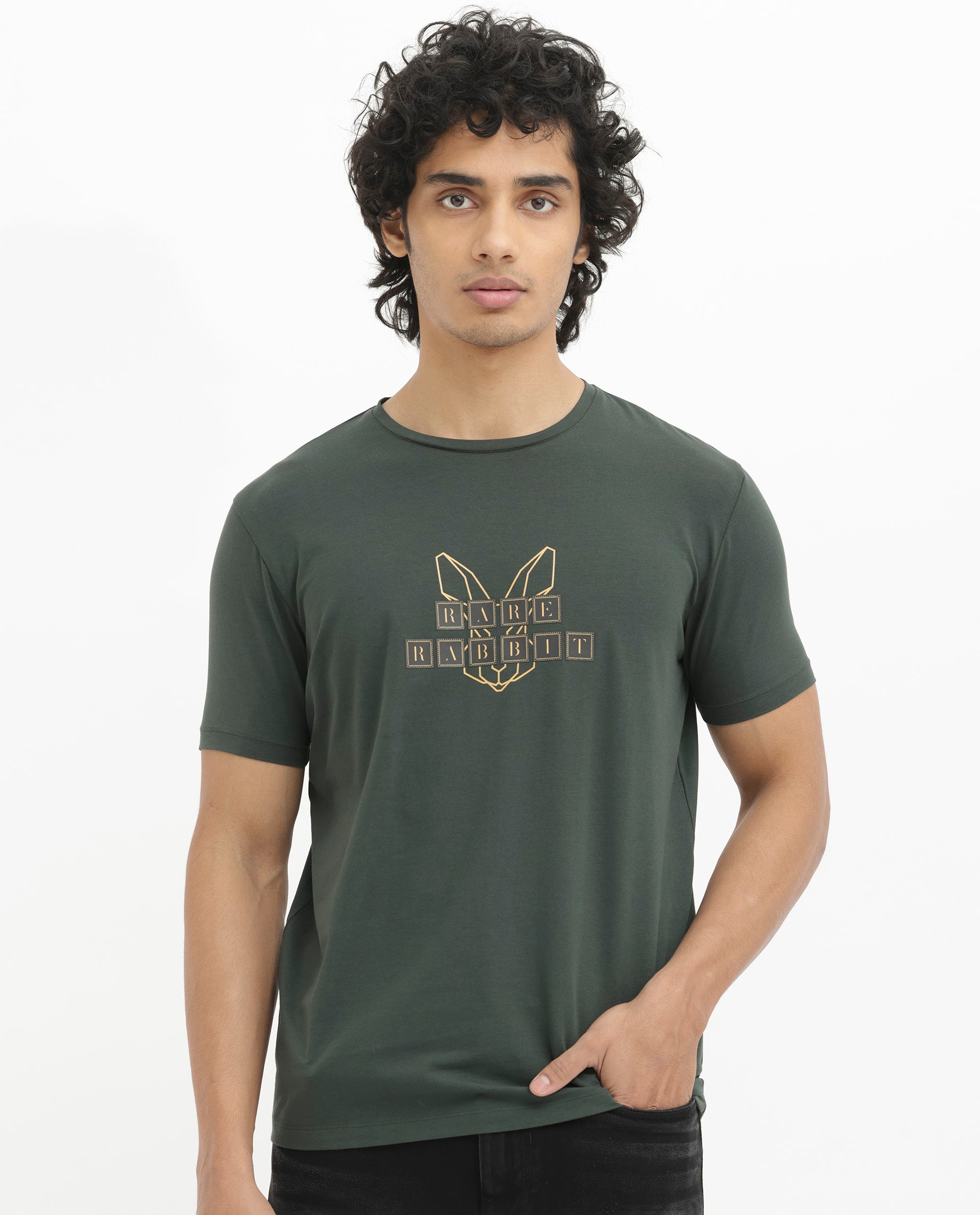 Rare Rabbit Men's Bion-1 Olive Cotton Lycra Fabric Short Sleeve Crew Neck Logo Graphic Print T-Shirt